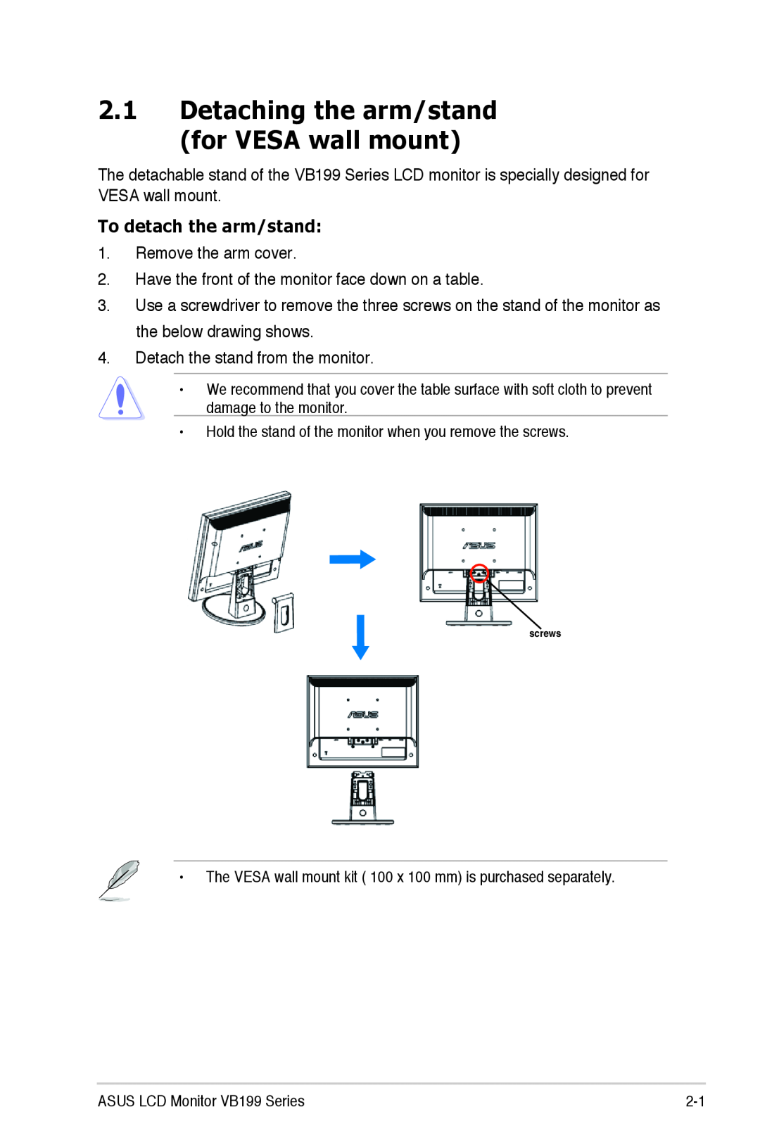 Asus VB199 Series manual Detaching the arm/stand for VESA wall mount, To detach the arm/stand 