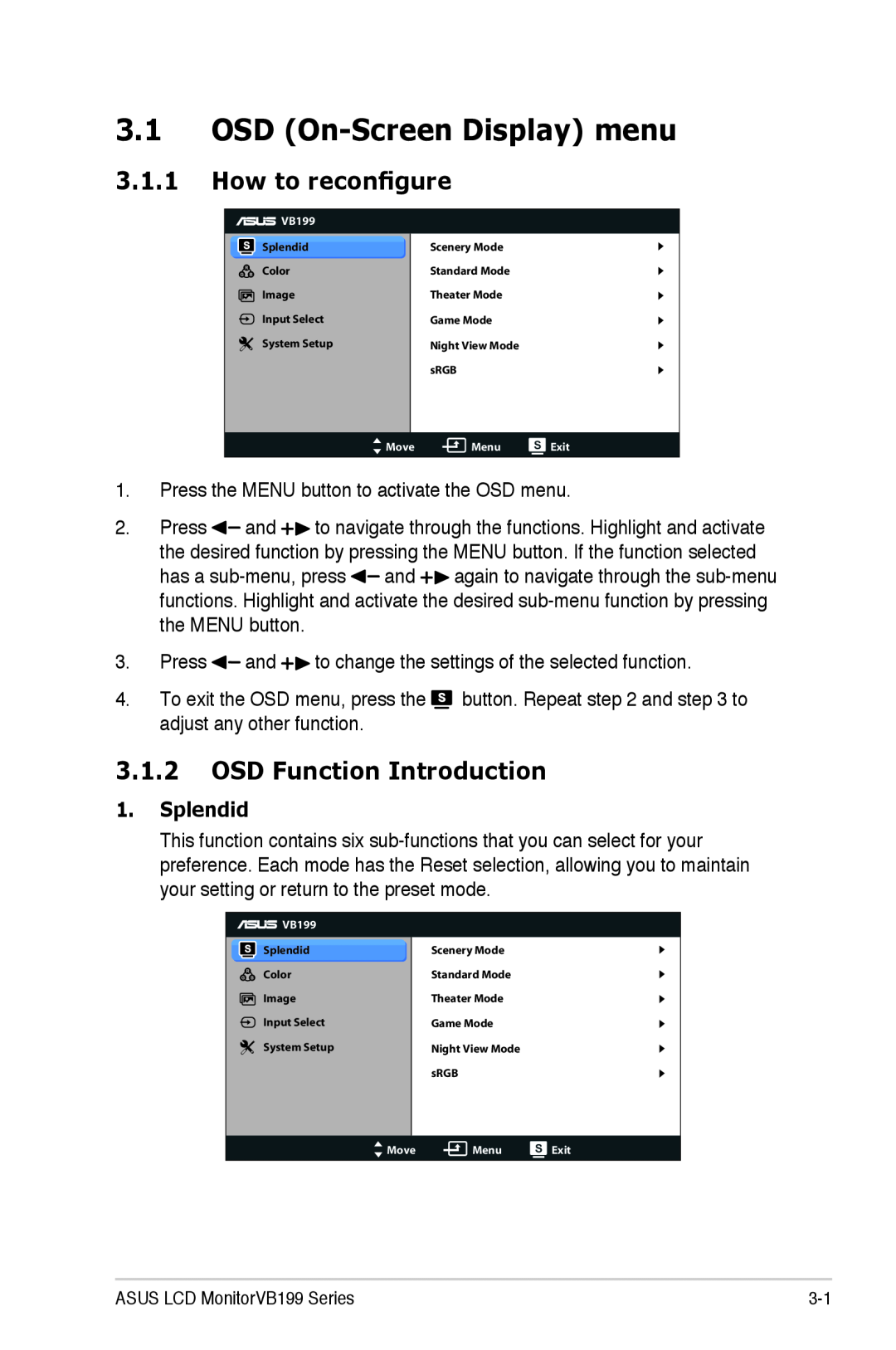 Asus VB199 Series manual OSD On-Screen Display menu, How to reconfigure, OSD Function Introduction, Splendid 