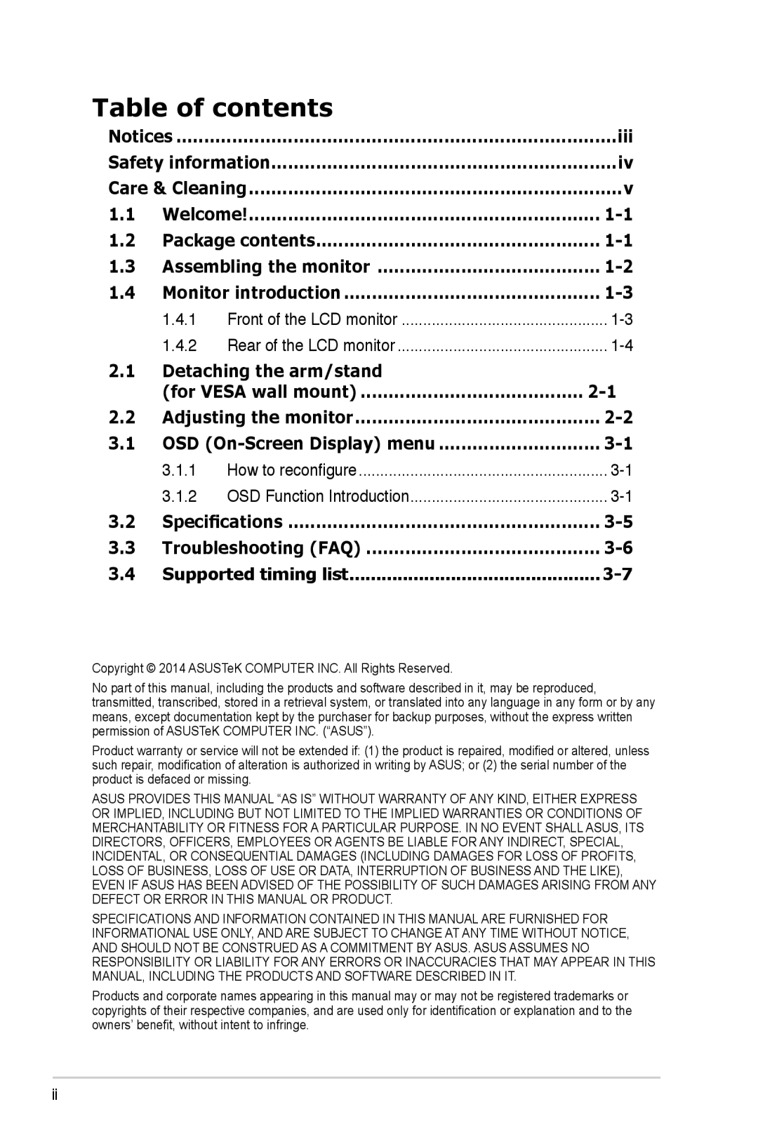 Asus VB199 Series manual Table of contents, Detaching the arm/stand, 3.1.1, 3.1.2 