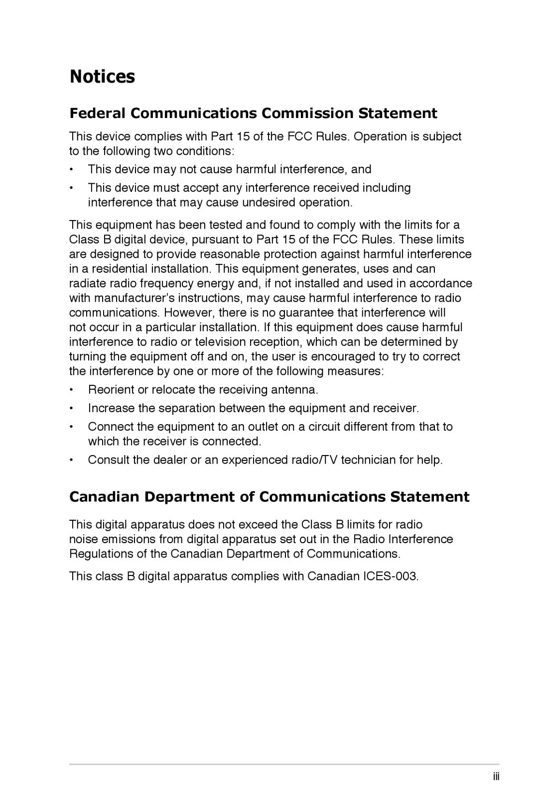 Asus VB199 Series Notices, Federal Communications Commission Statement, Canadian Department of Communications Statement 
