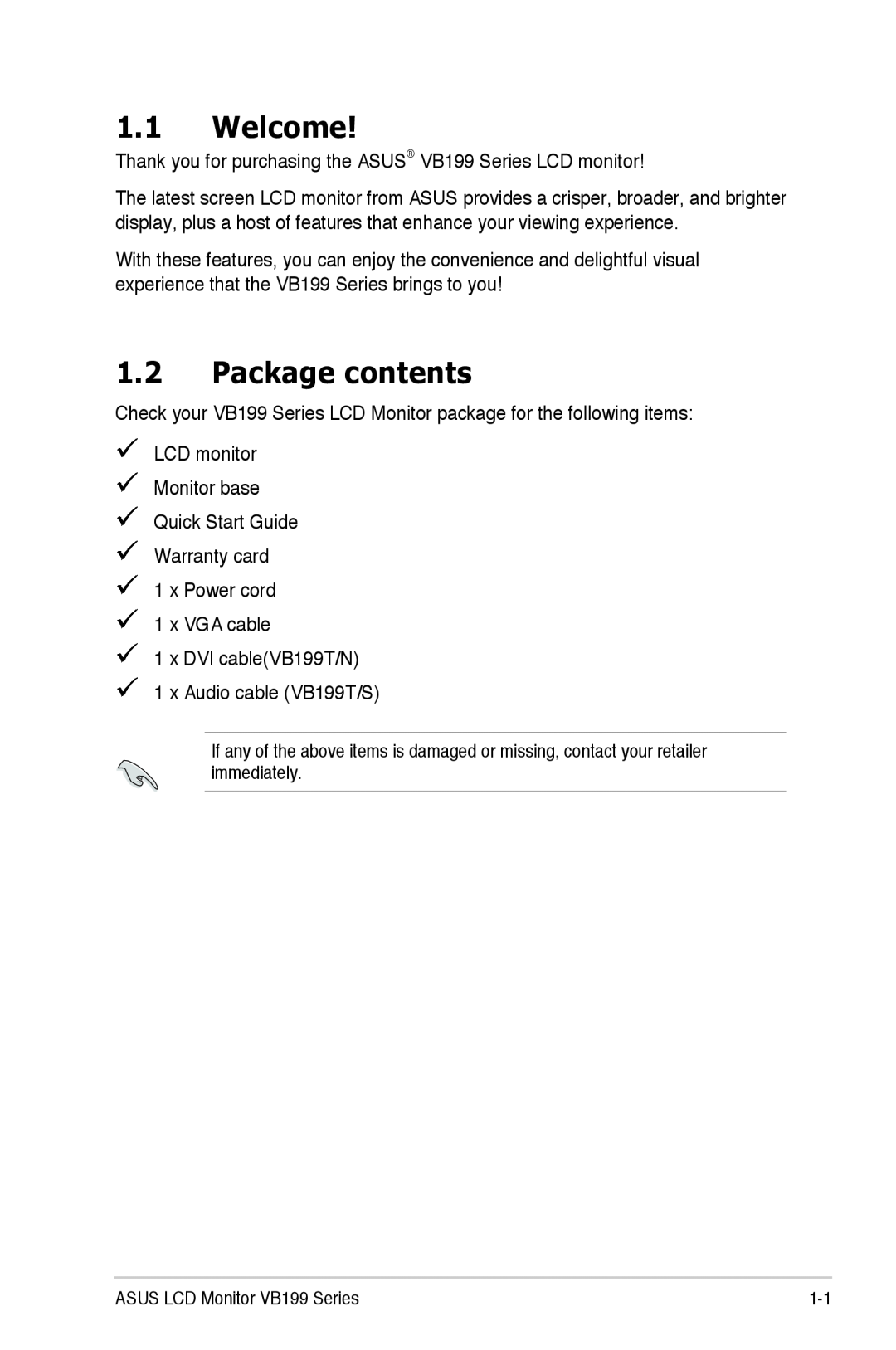 Asus VB199 Series manual Welcome, Package contents 