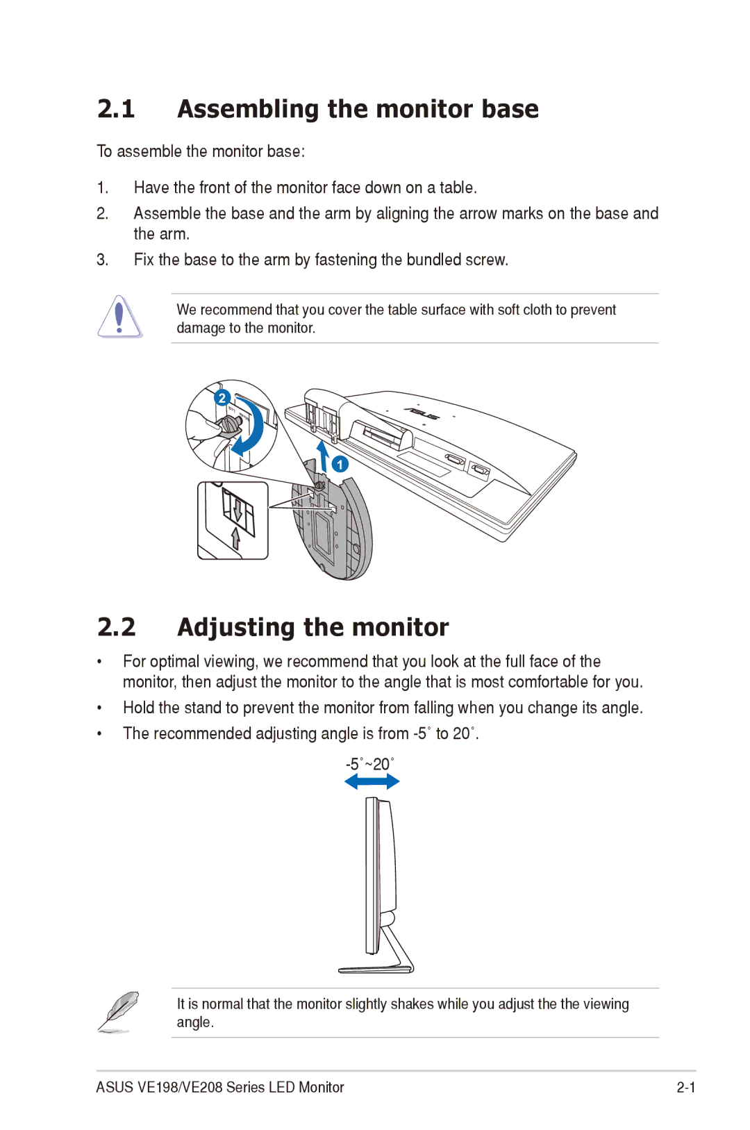 Asus VE208, VE198 manual Assembling the monitor base, Adjusting the monitor 