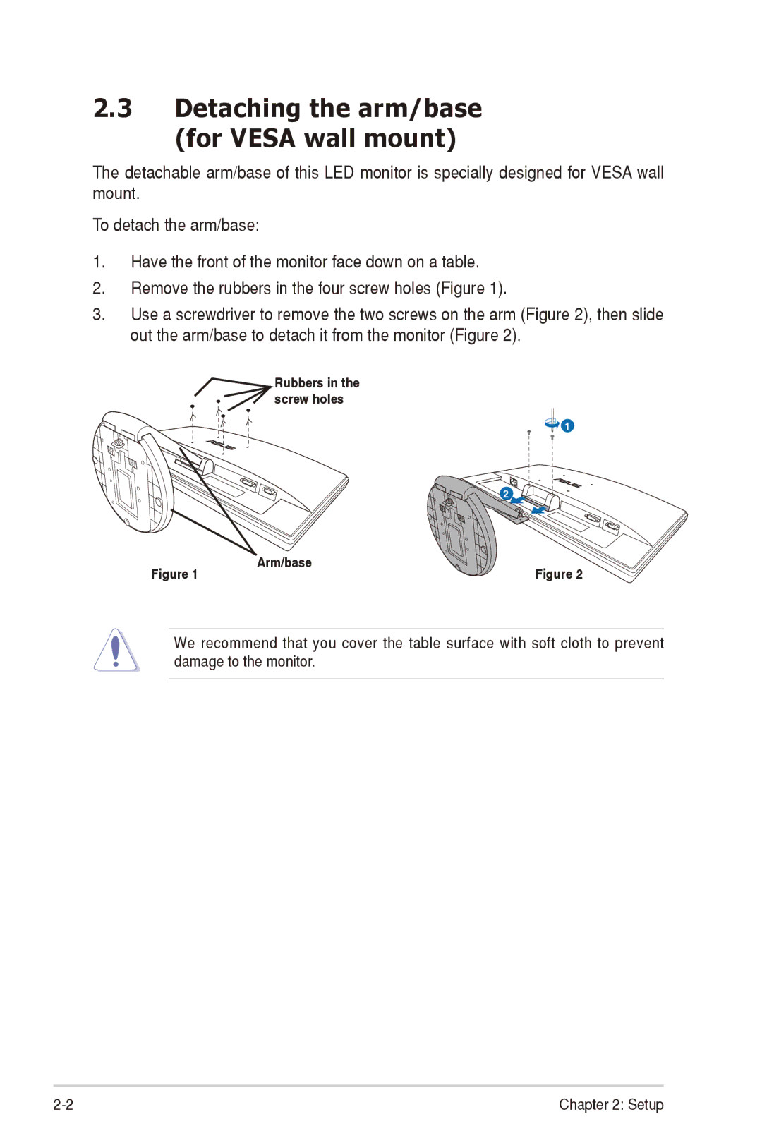 Asus VE198, VE208 manual Detaching the arm/base for Vesa wall mount 