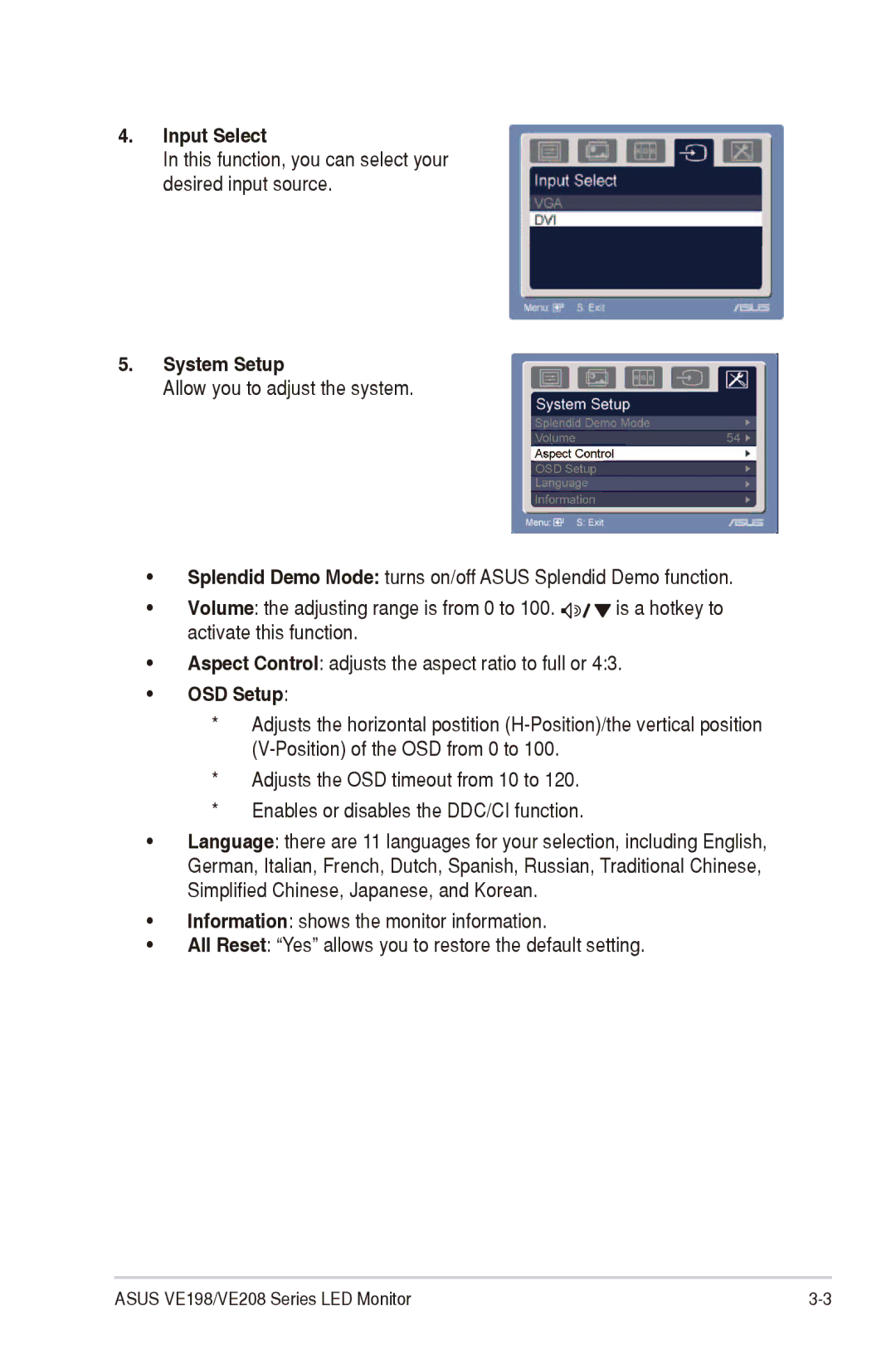 Asus VE208, VE198 manual Input Select, System Setup, OSD Setup 