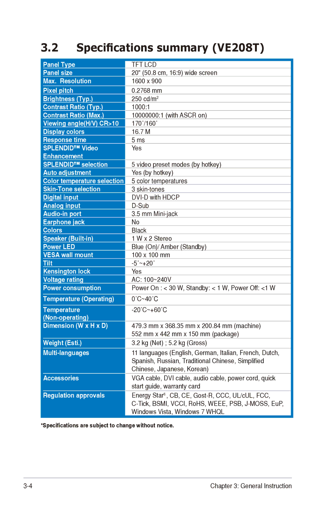 Asus VE198 manual Specifications summary VE208T, Tft Lcd 