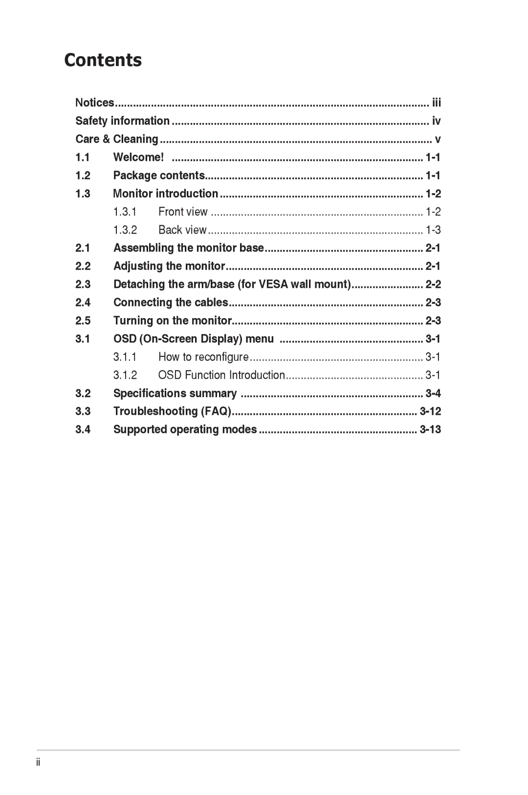 Asus VE198, VE208 manual Contents 