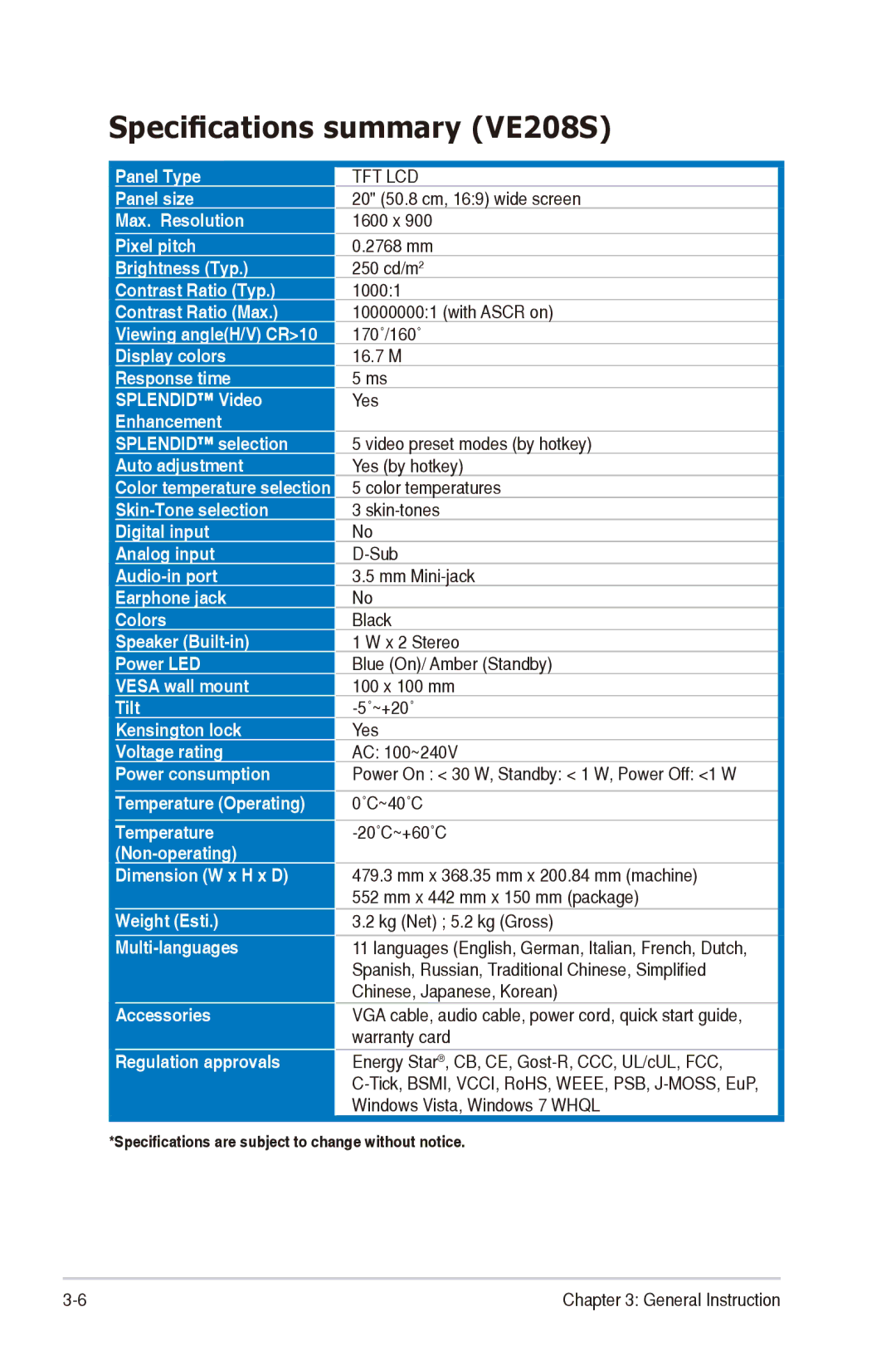 Asus VE198 manual Specifications summary VE208S 