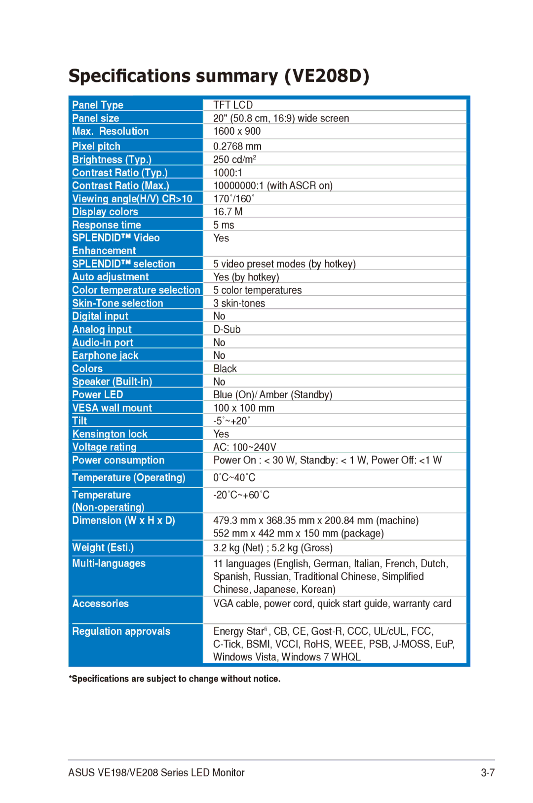 Asus VE198 manual Specifications summary VE208D 