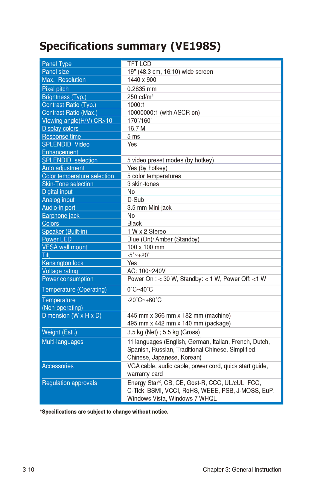 Asus VE208T manual Specifications summary VE198S 