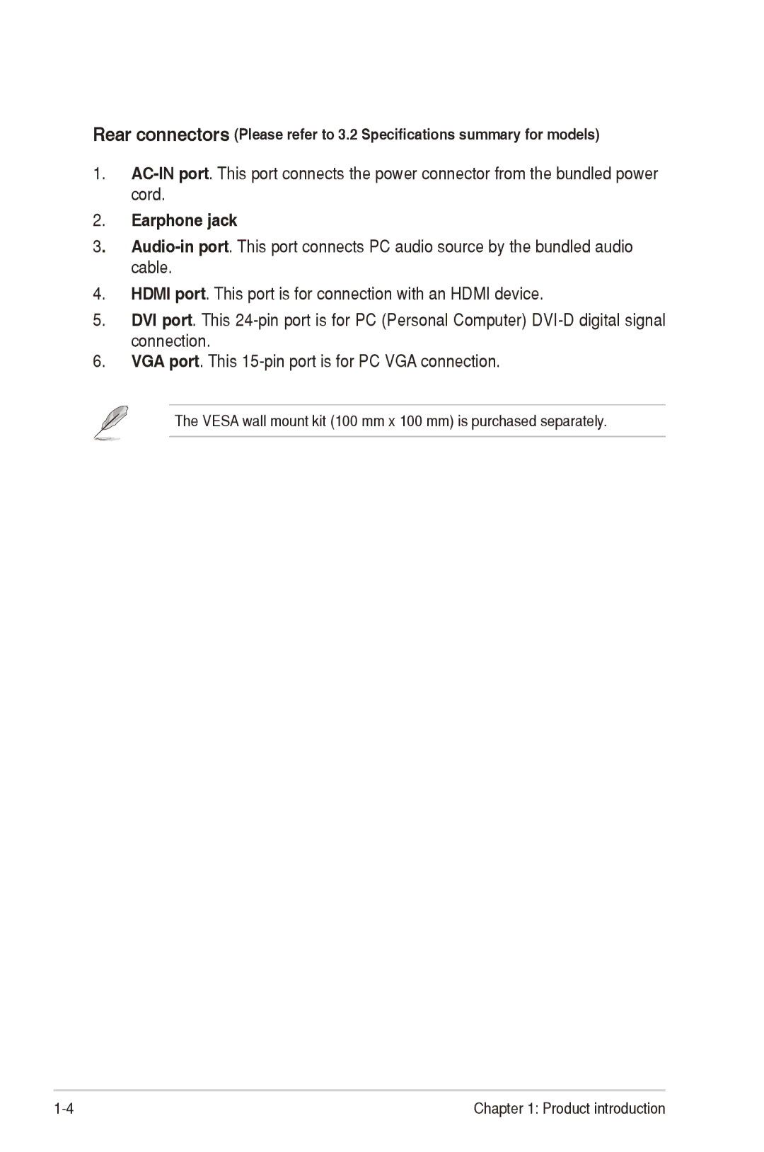 Asus VE228H manual Earphone jack 