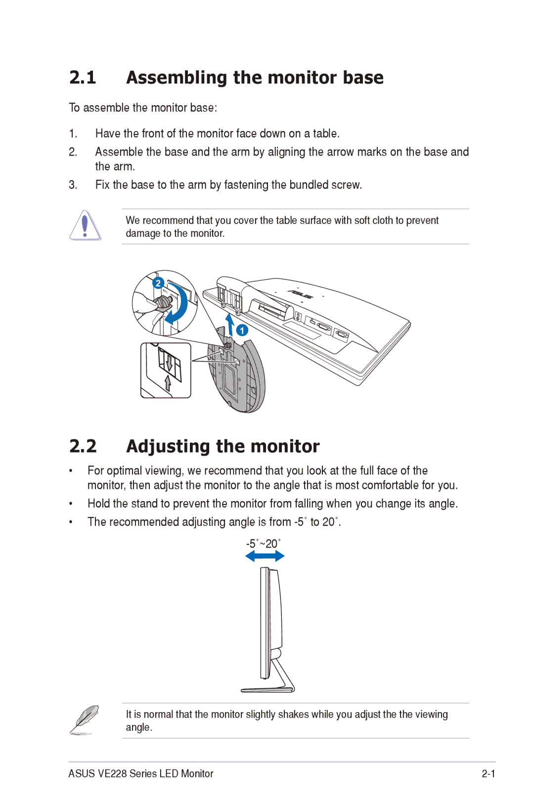 Asus VE228H manual Assembling the monitor base, Adjusting the monitor 