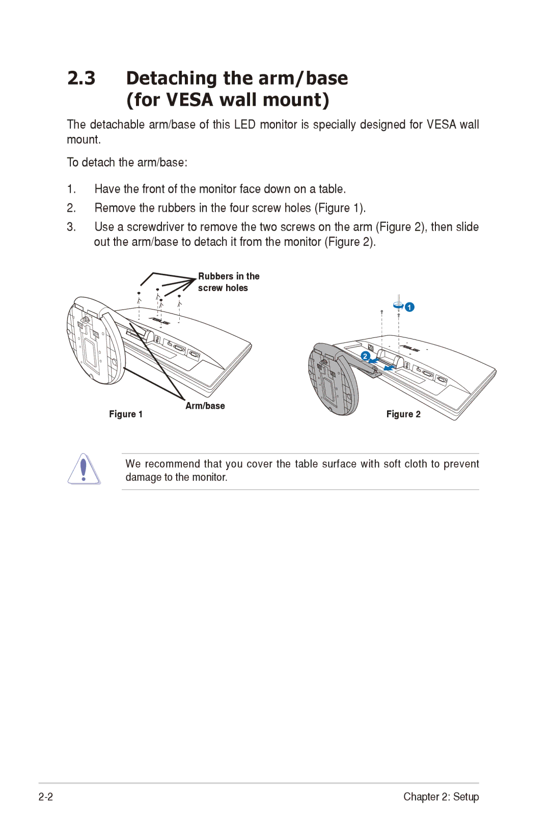 Asus VE228H manual Detaching the arm/base for Vesa wall mount 