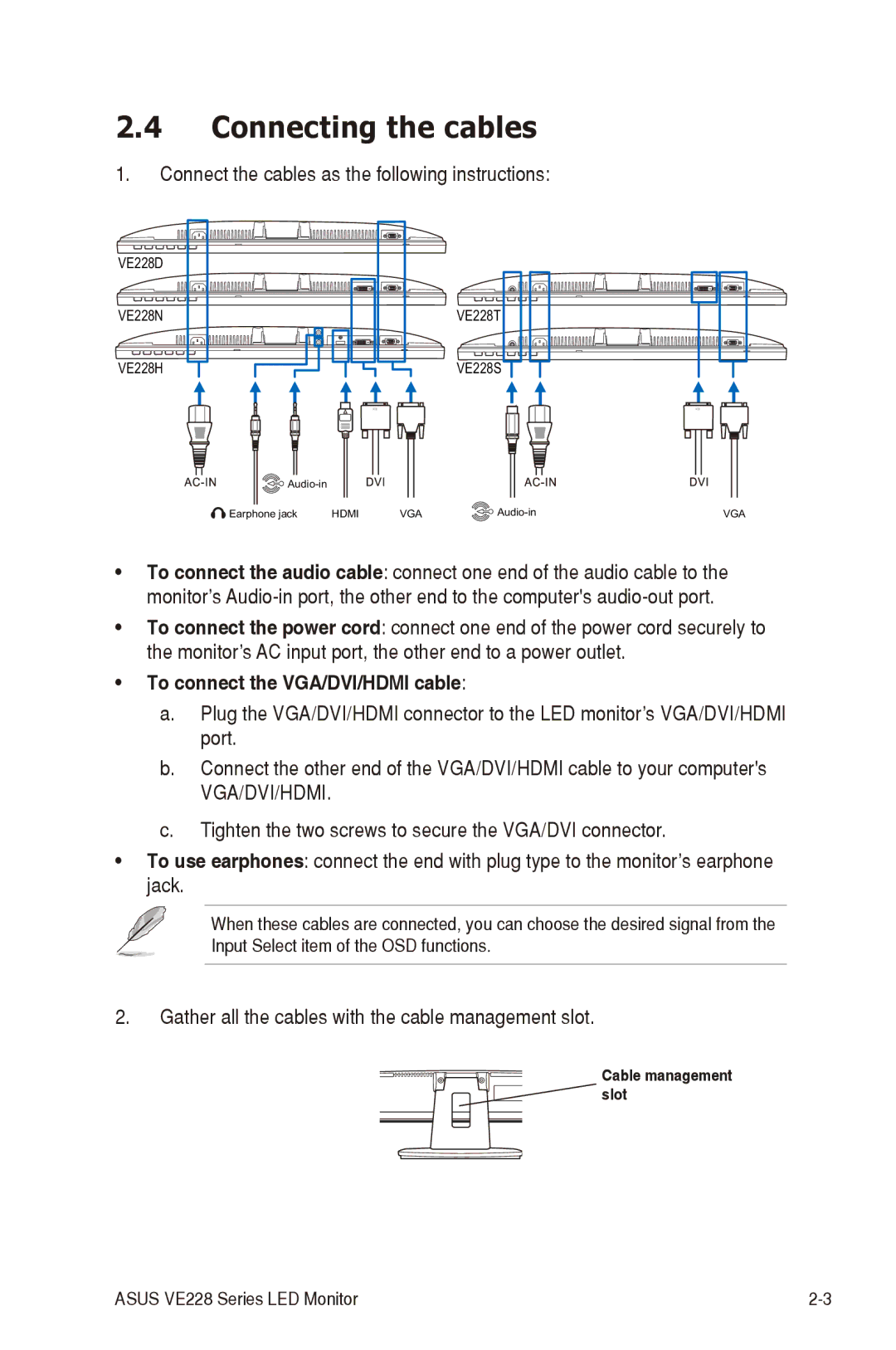 Asus VE228H manual Connecting the cables, To connect the VGA/DVI/HDMI cable 