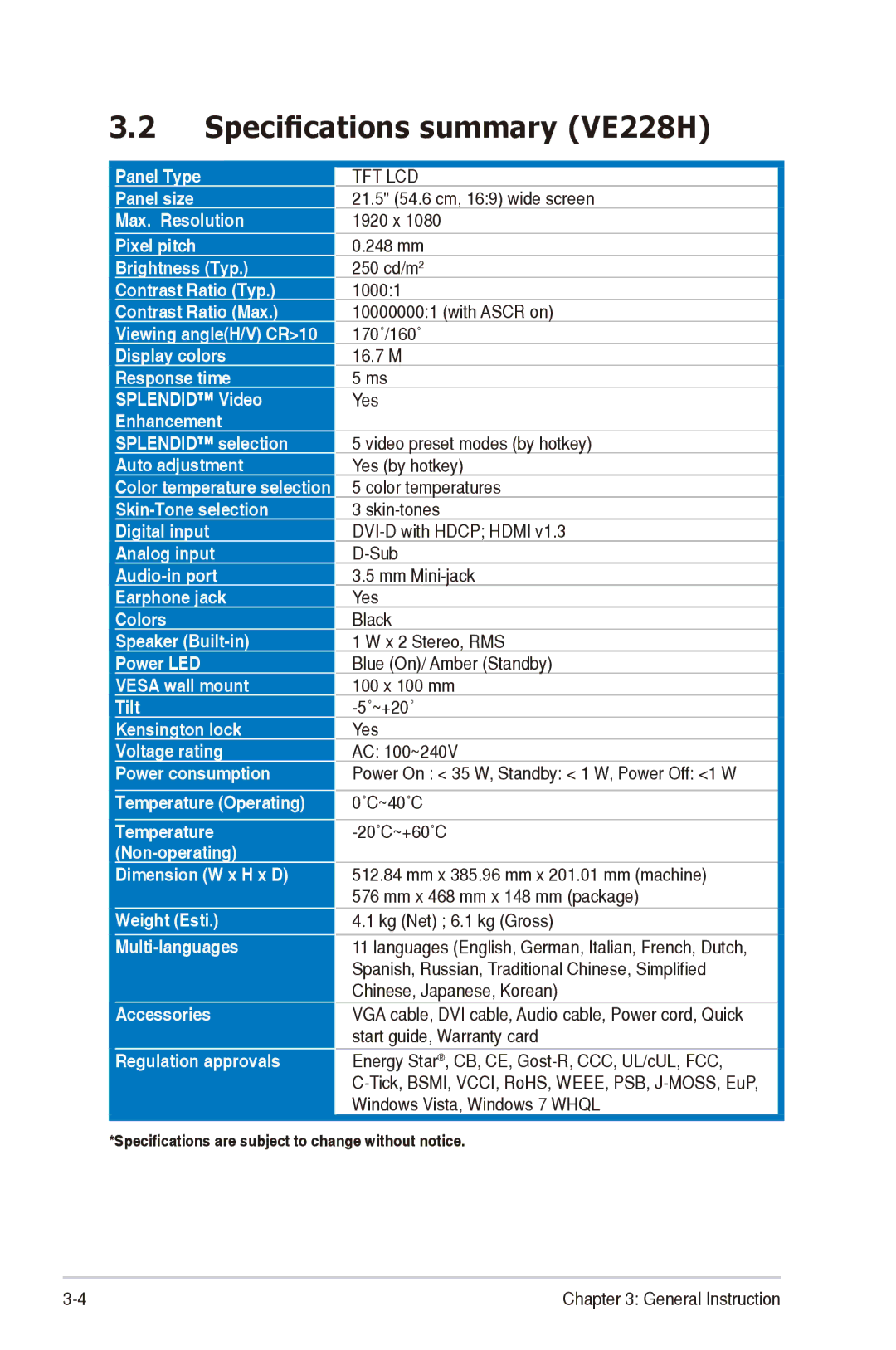 Asus manual Specifications summary VE228H, Tft Lcd 