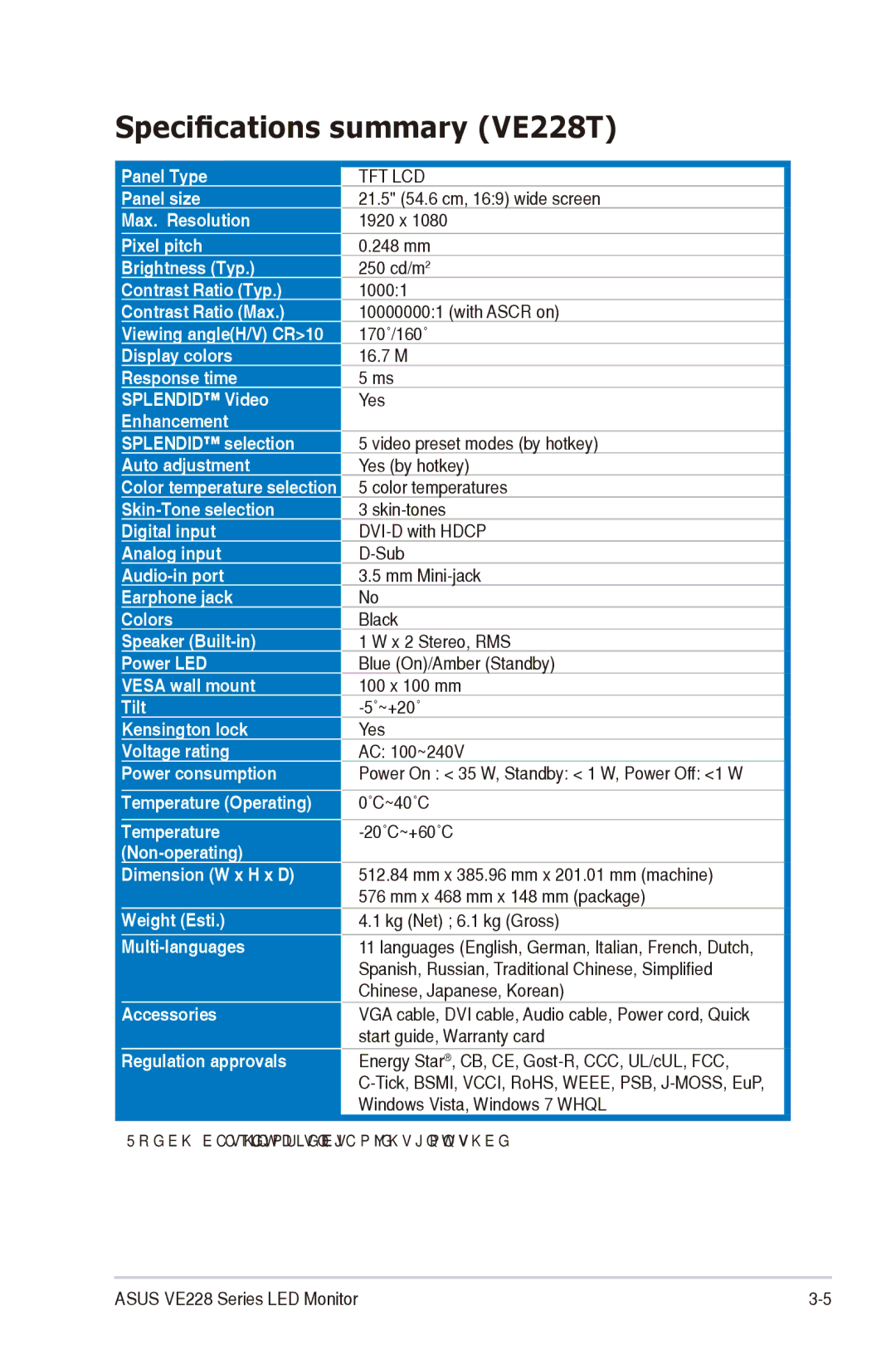 Asus VE228H manual Specifications summary VE228T 