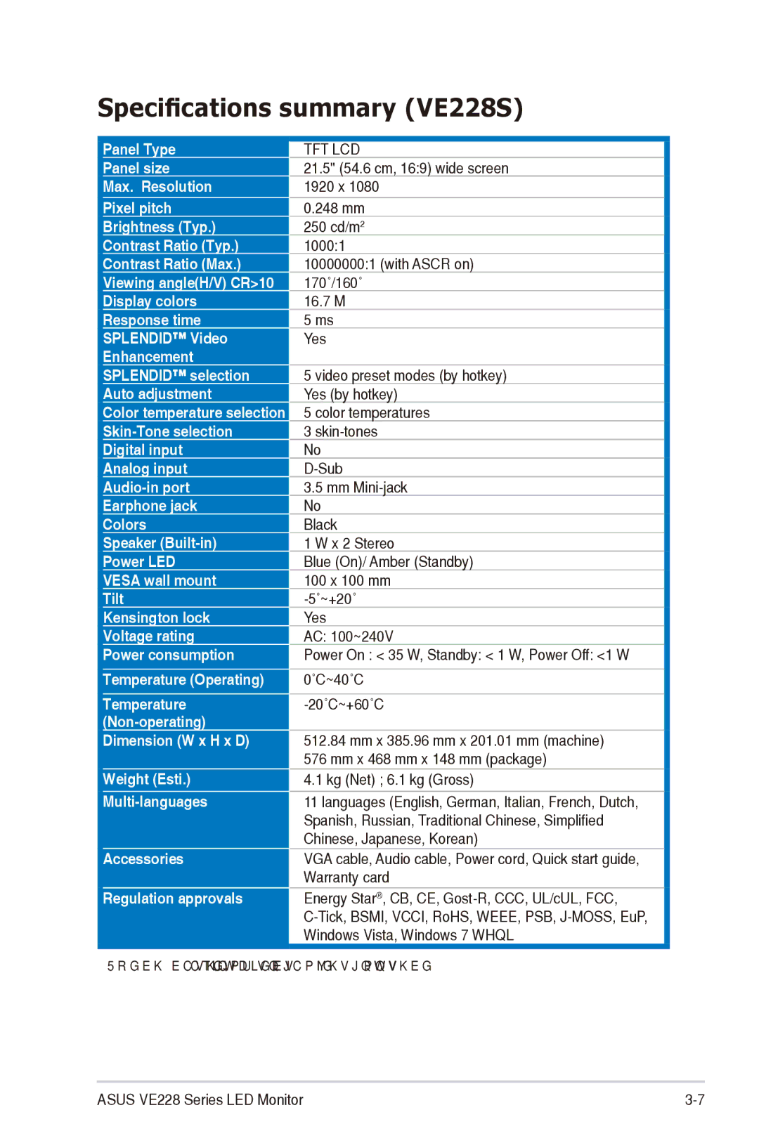 Asus VE228H manual Specifications summary VE228S 