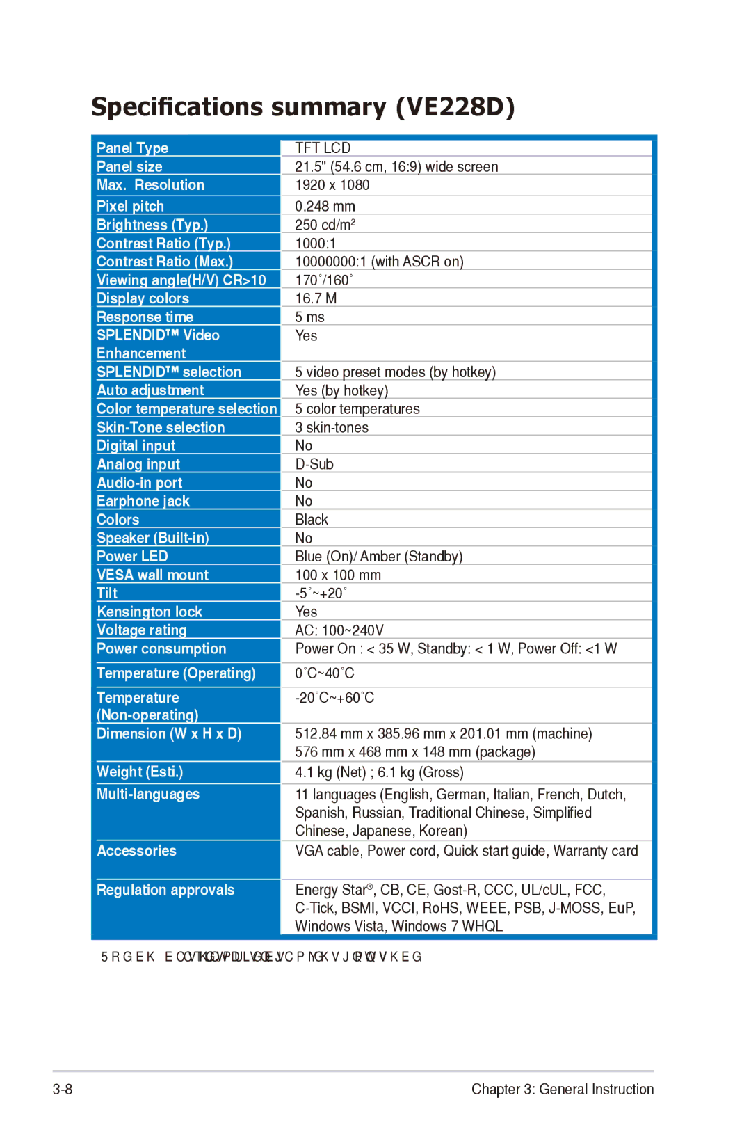 Asus VE228H manual Specifications summary VE228D 