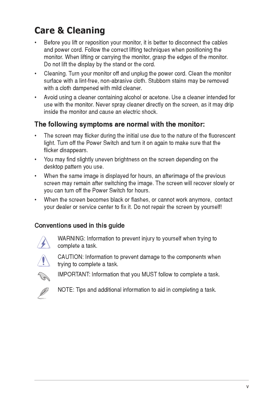 Asus VE228H manual Care & Cleaning, Following symptoms are normal with the monitor 