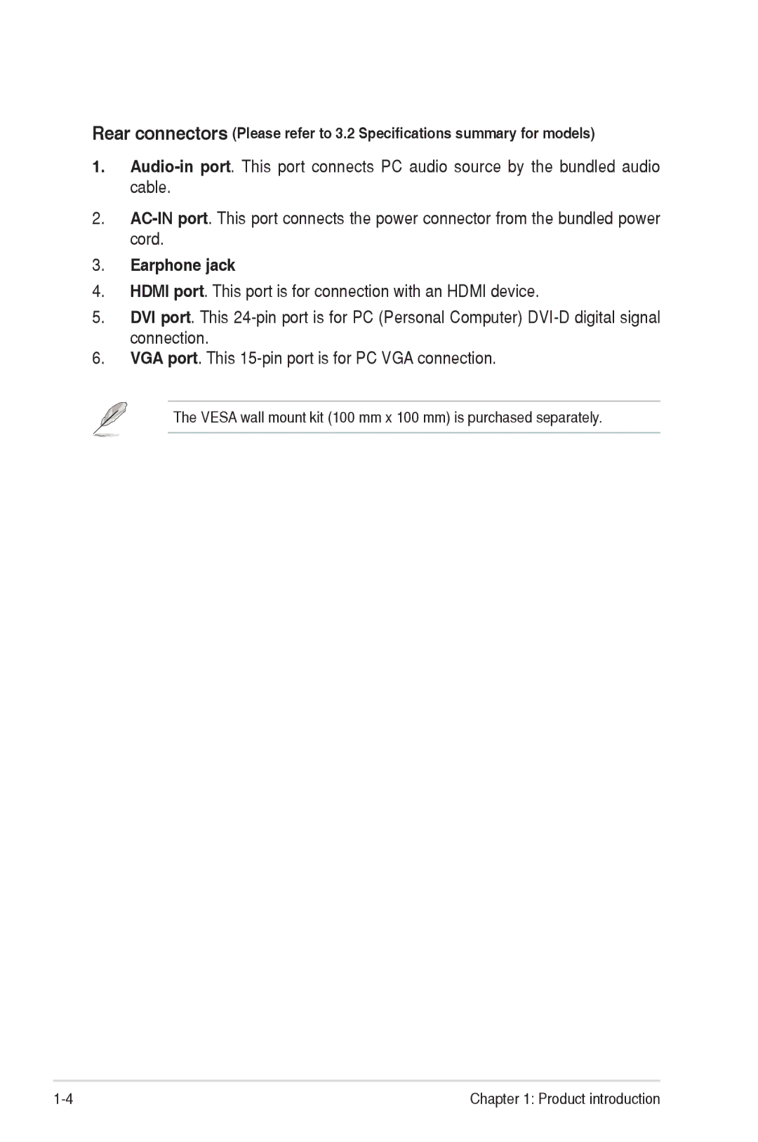 Asus VE245, VE246, VE205 manual Earphone jack 