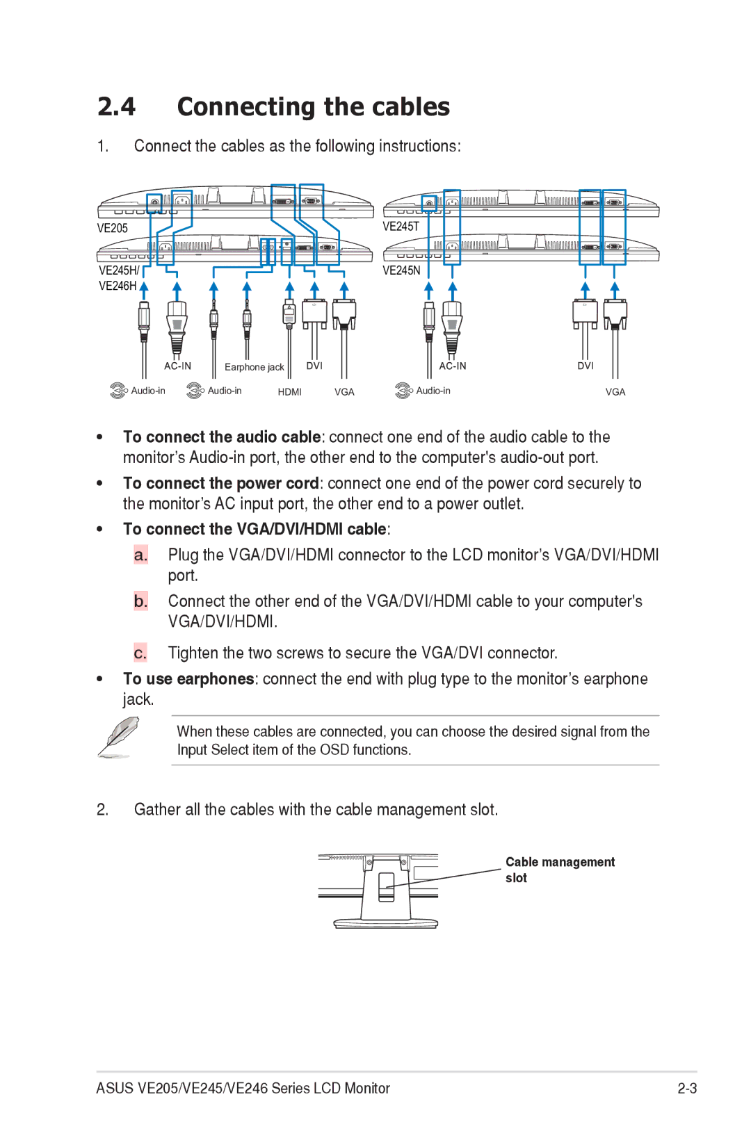 Asus VE245, VE246, VE205 manual Connecting the cables, To connect the VGA/DVI/HDMI cable 