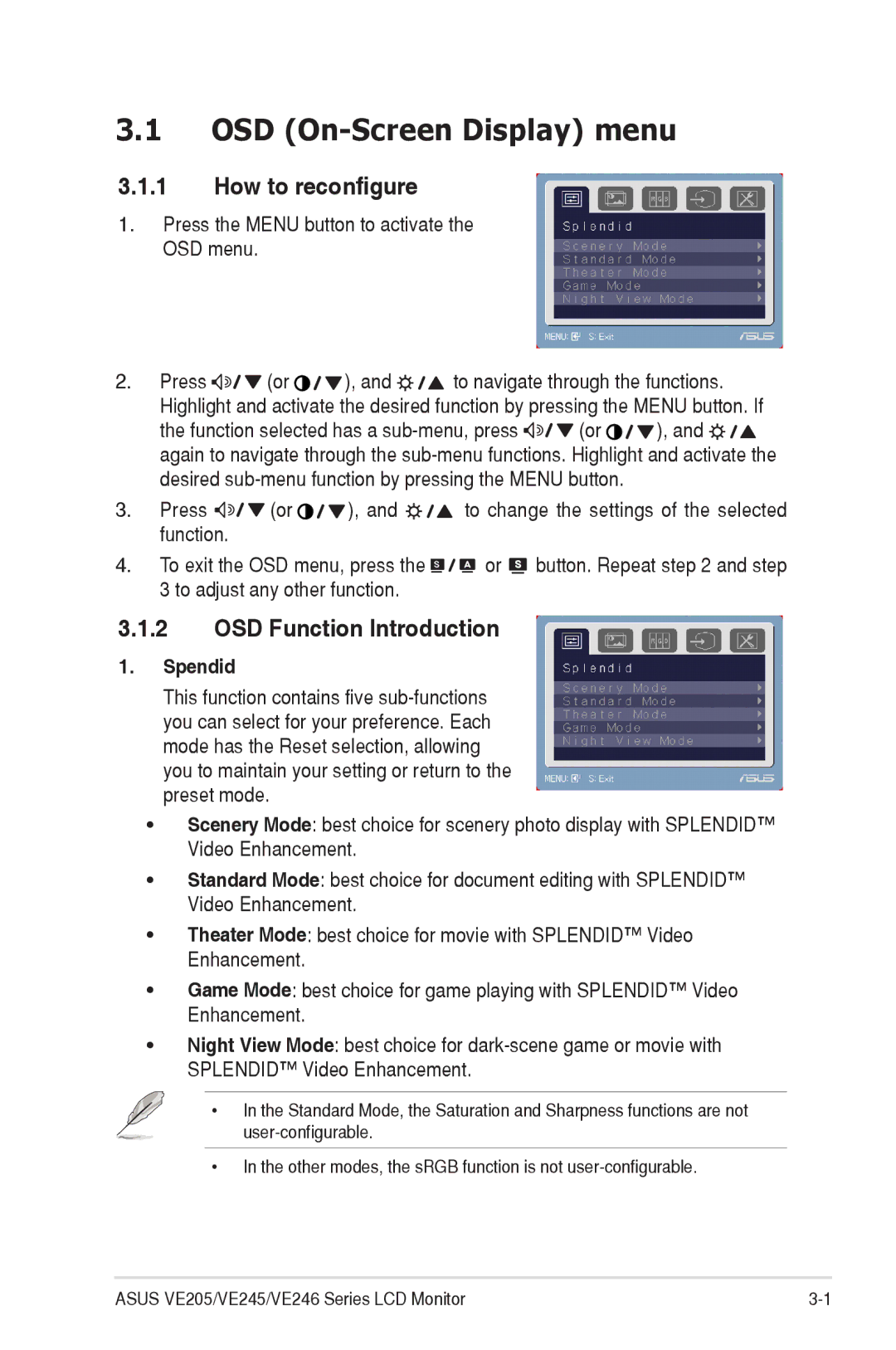 Asus VE246, VE245, VE205 manual OSD On-Screen Display menu, Spendid 