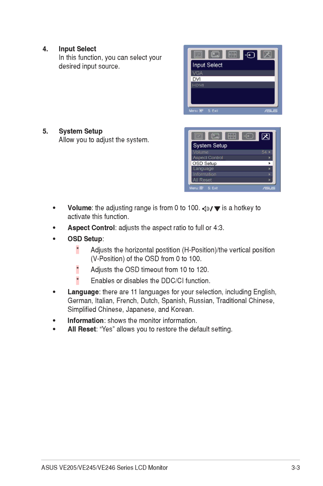 Asus VE205, VE246, VE245 manual Input Select, System Setup, OSD Setup 