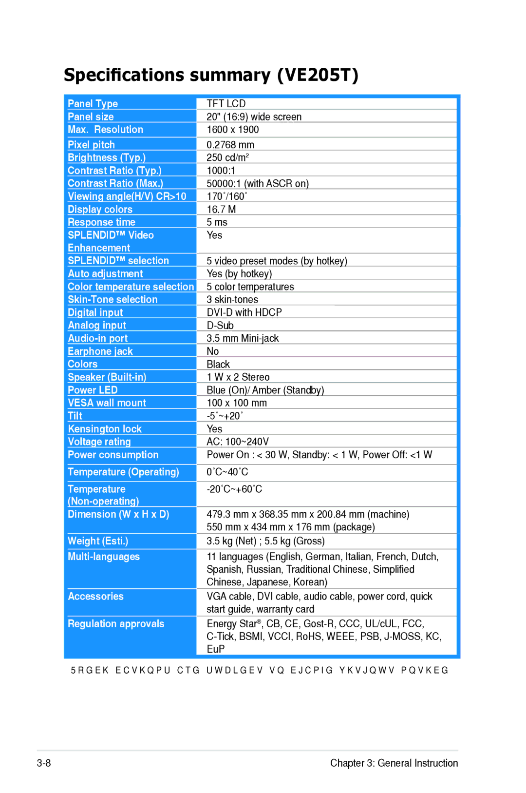 Asus VE245, VE246 manual Specifications summary VE205T 