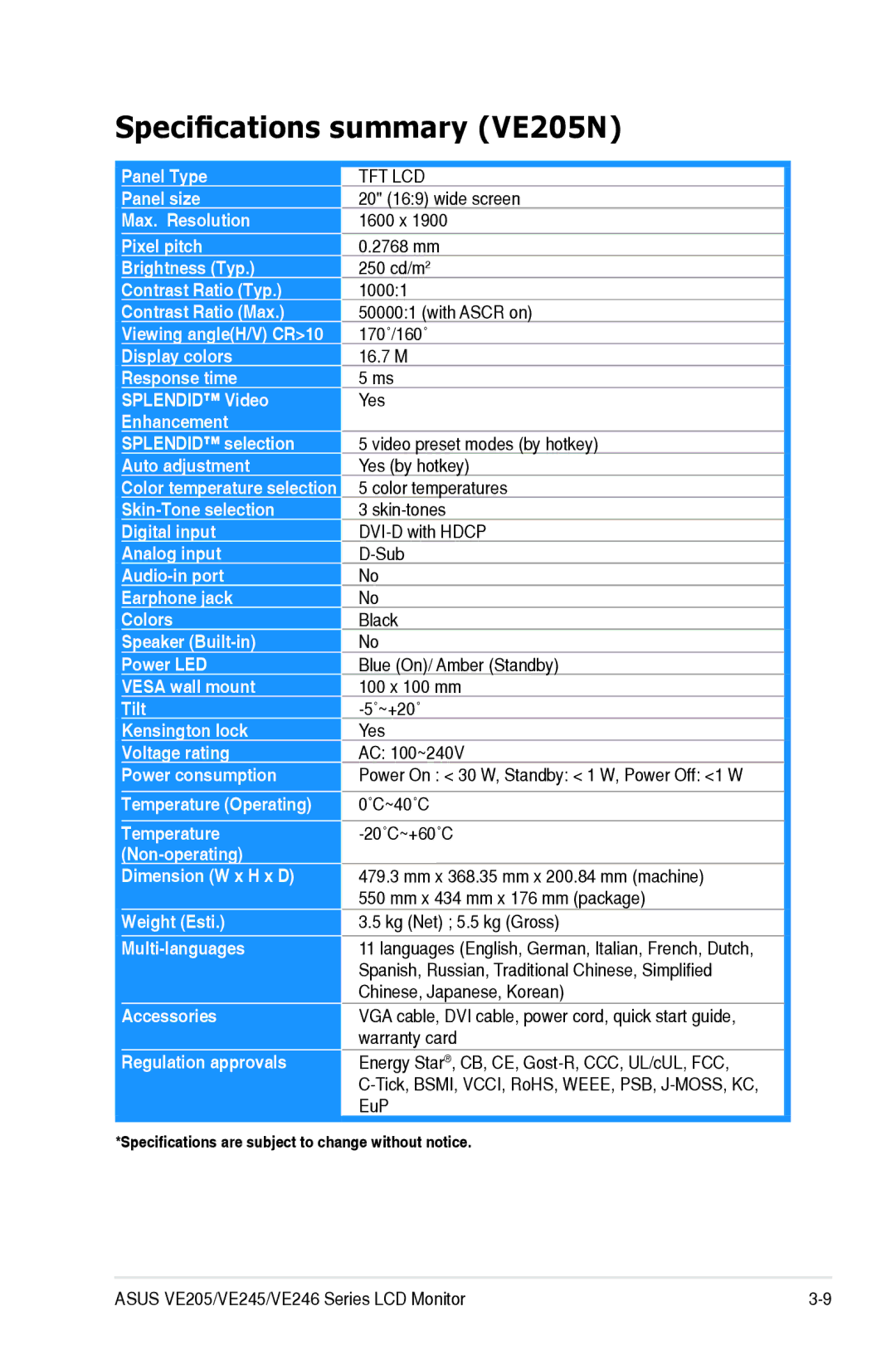 Asus VE246, VE245 manual Specifications summary VE205N 