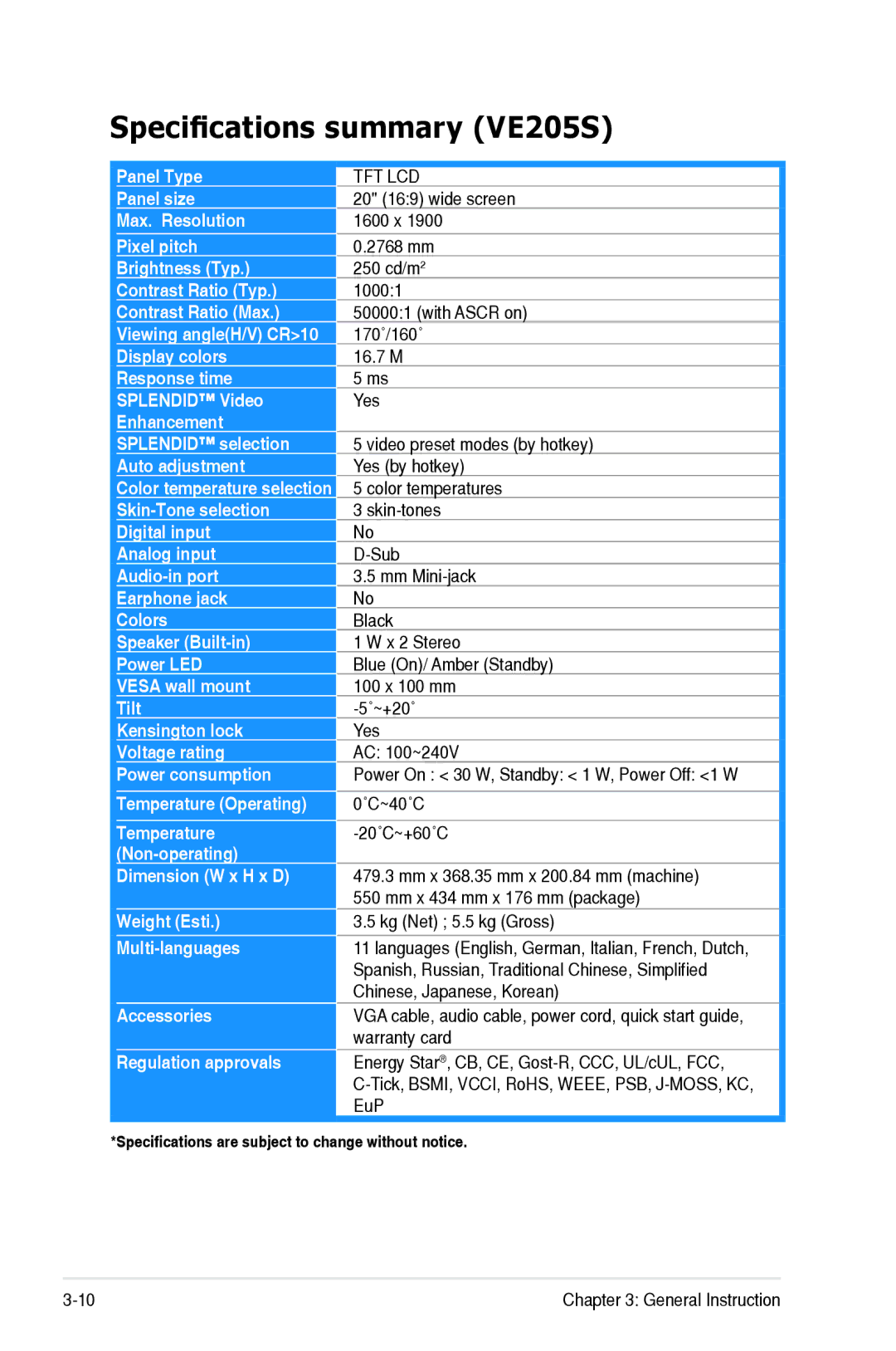 Asus VE246, VE245 manual Specifications summary VE205S 