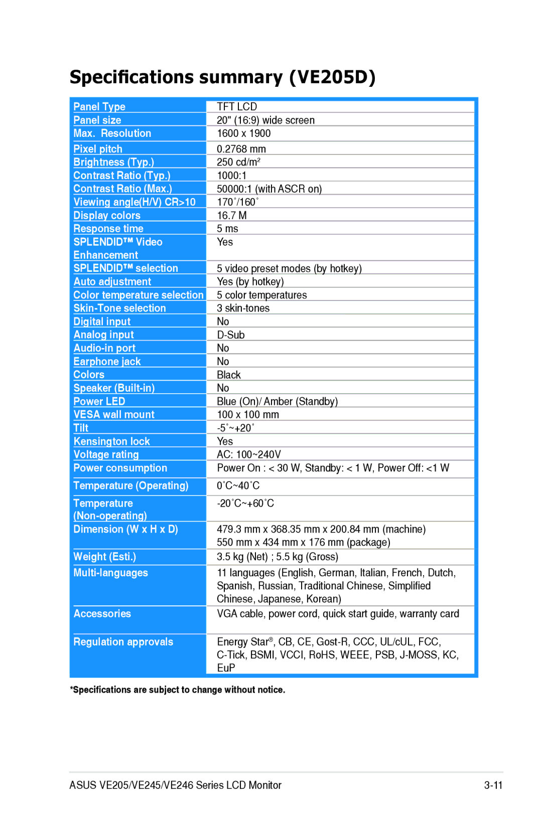 Asus VE245, VE246 manual Specifications summary VE205D 