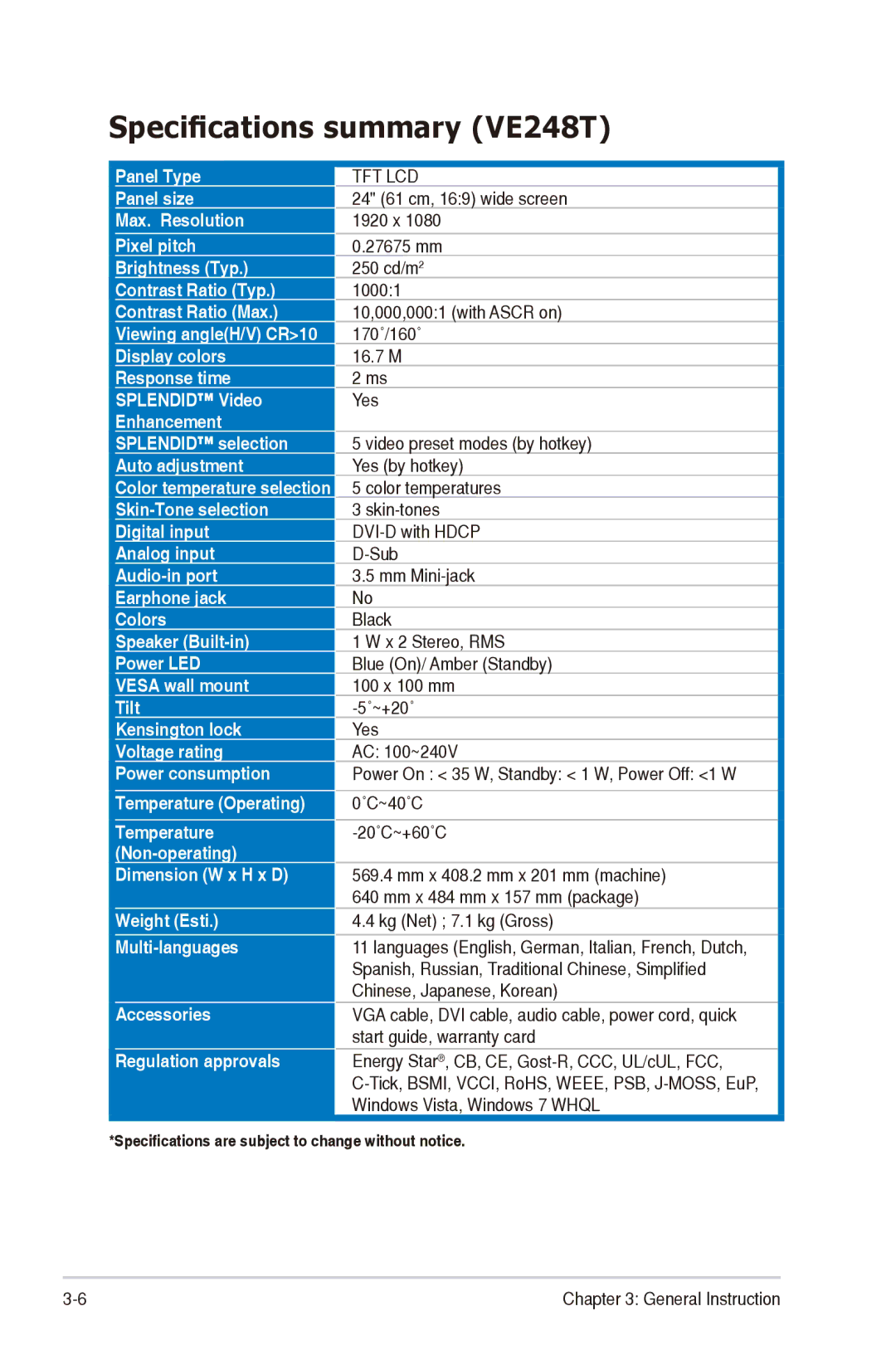 Asus VE247H, VE249, VE248H manual Specifications summary VE248T 