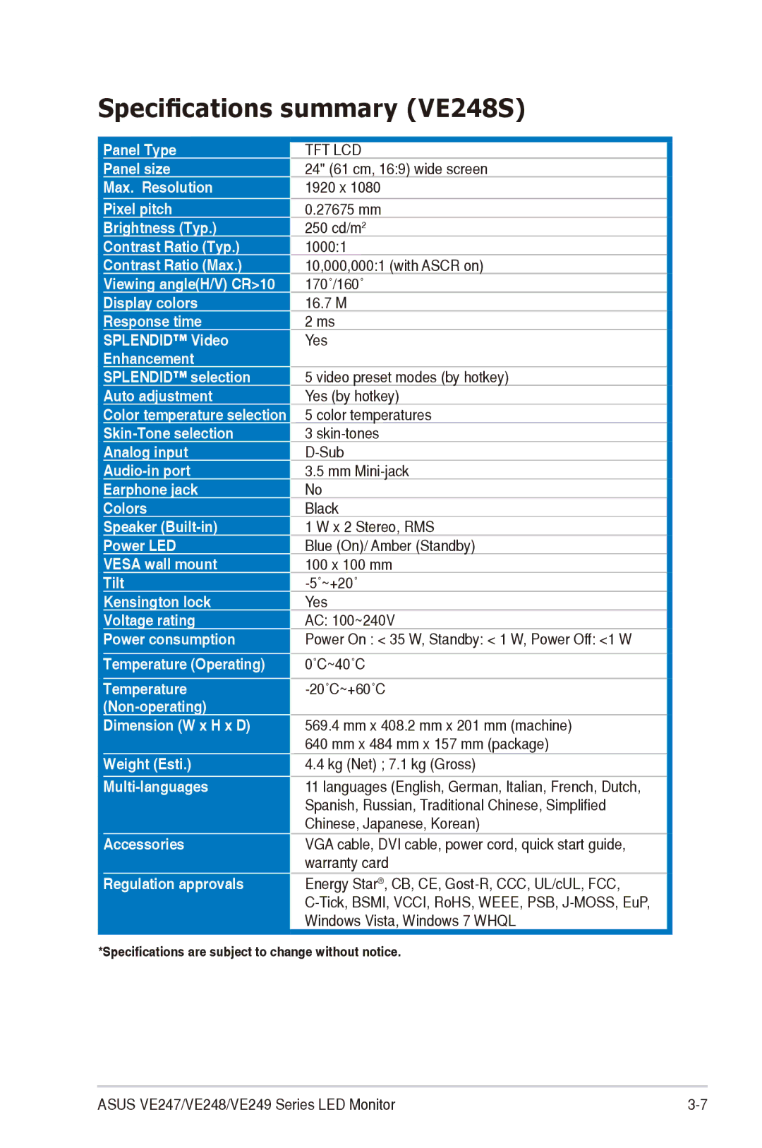 Asus VE247H, VE249, VE248H manual Specifications summary VE248S 