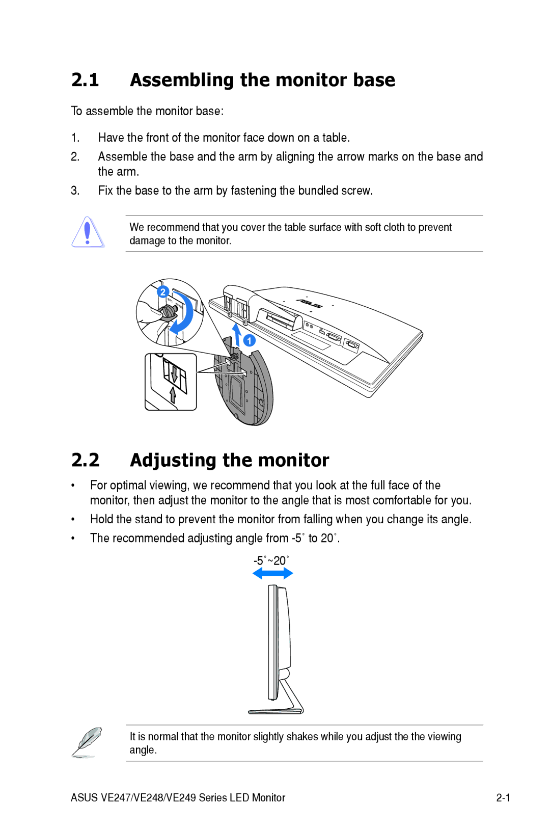 Asus VE247H manual Assembling the monitor base, Adjusting the monitor 