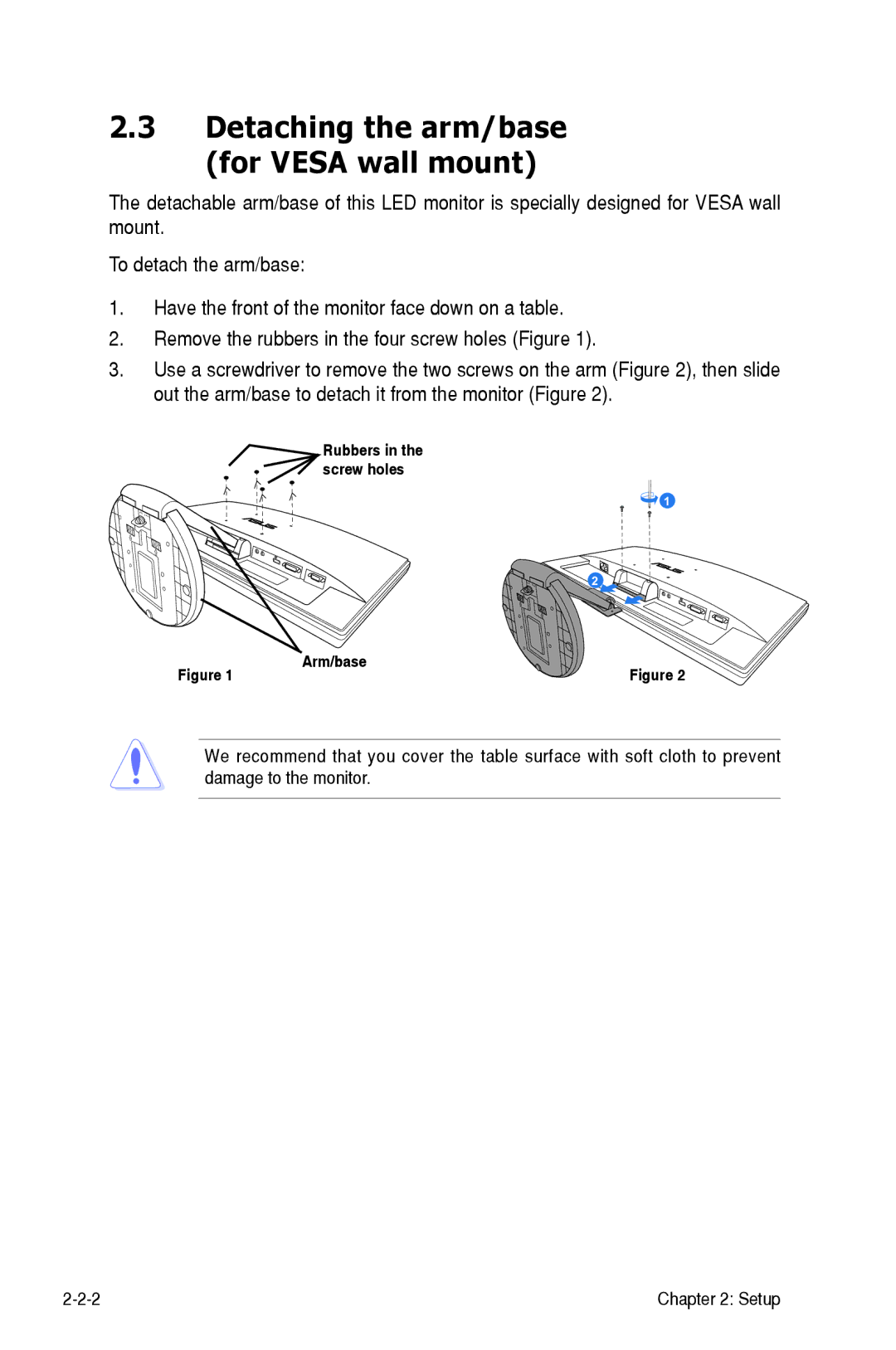 Asus VE247H manual Detaching the arm/base for Vesa wall mount 