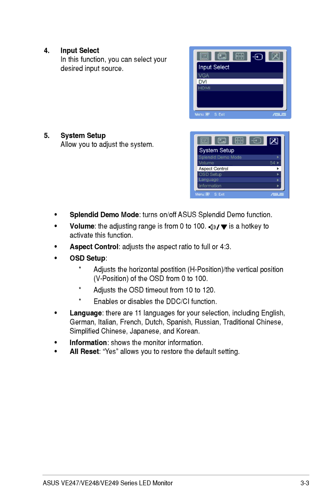 Asus VE247H manual Input Select, System Setup, OSD Setup 