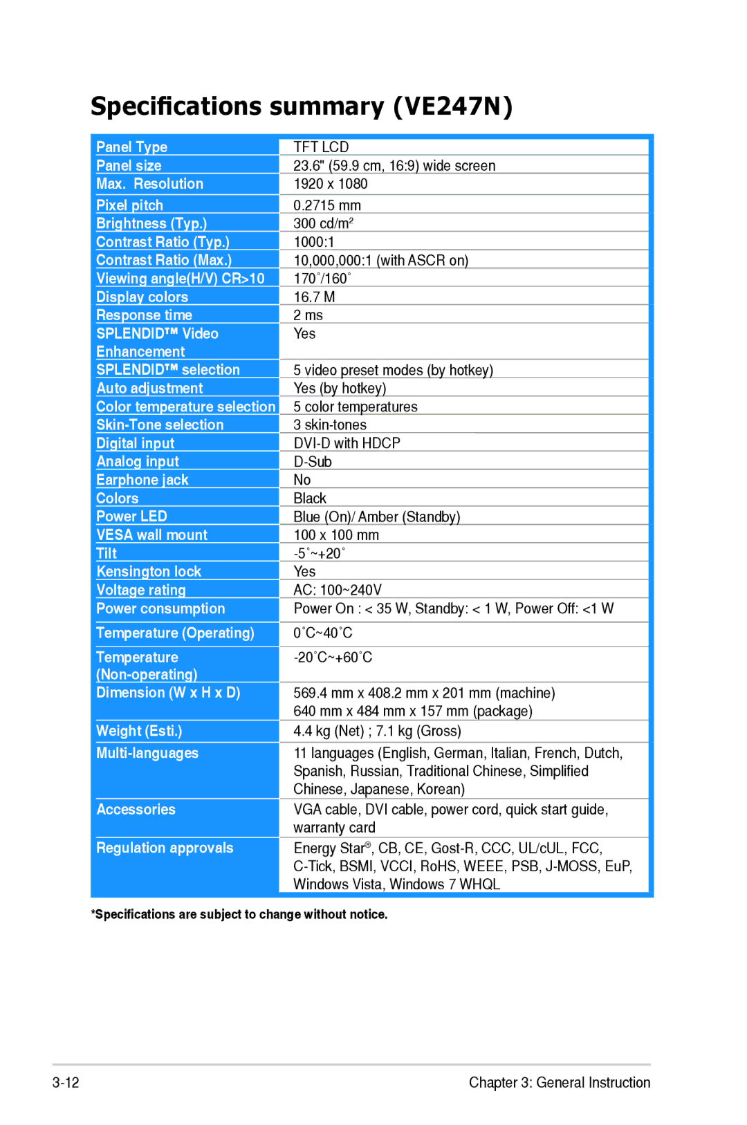 Asus VE247H manual Specifications summary VE247N 