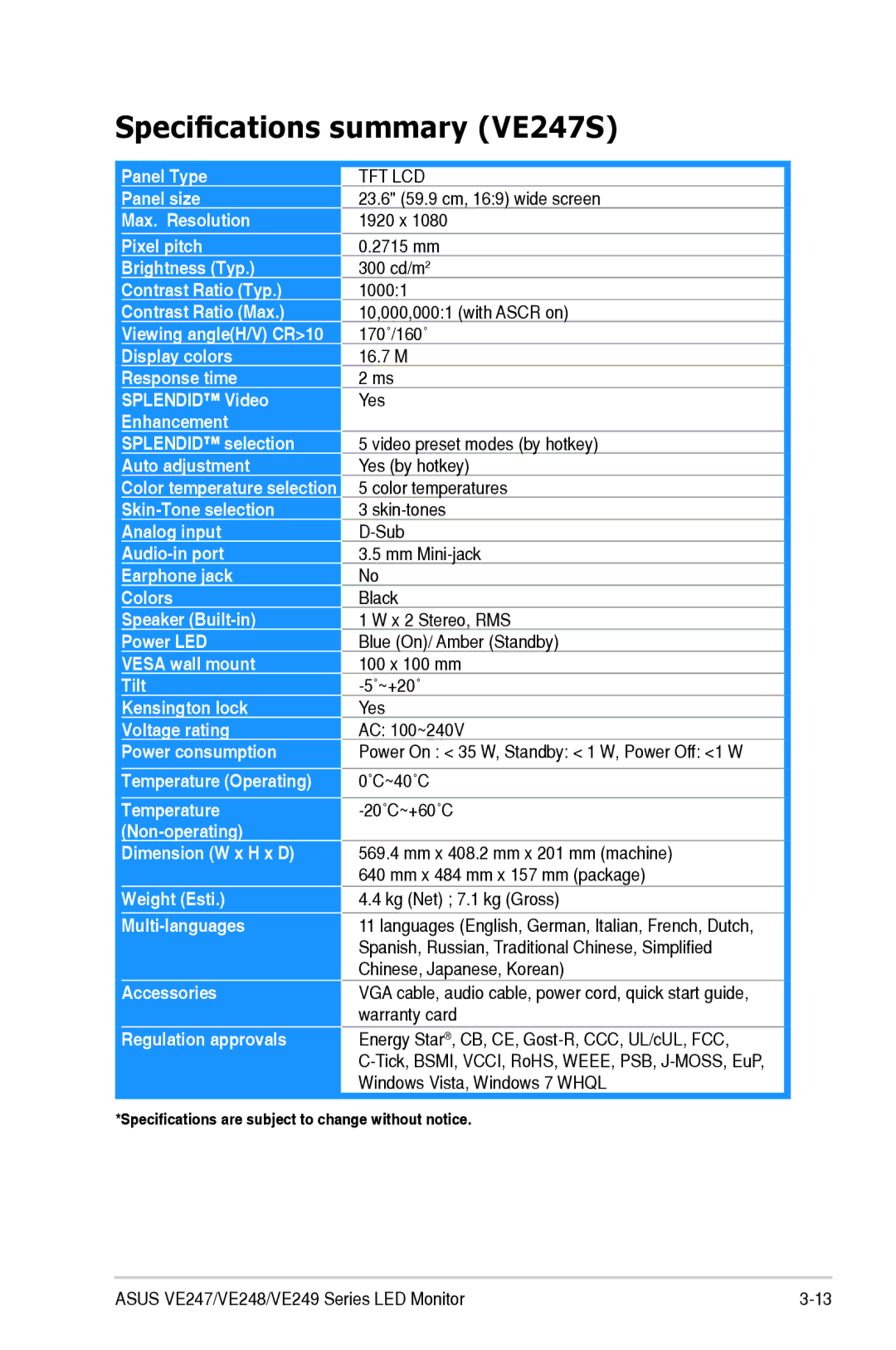 Asus VE247H manual Specifications summary VE247S 