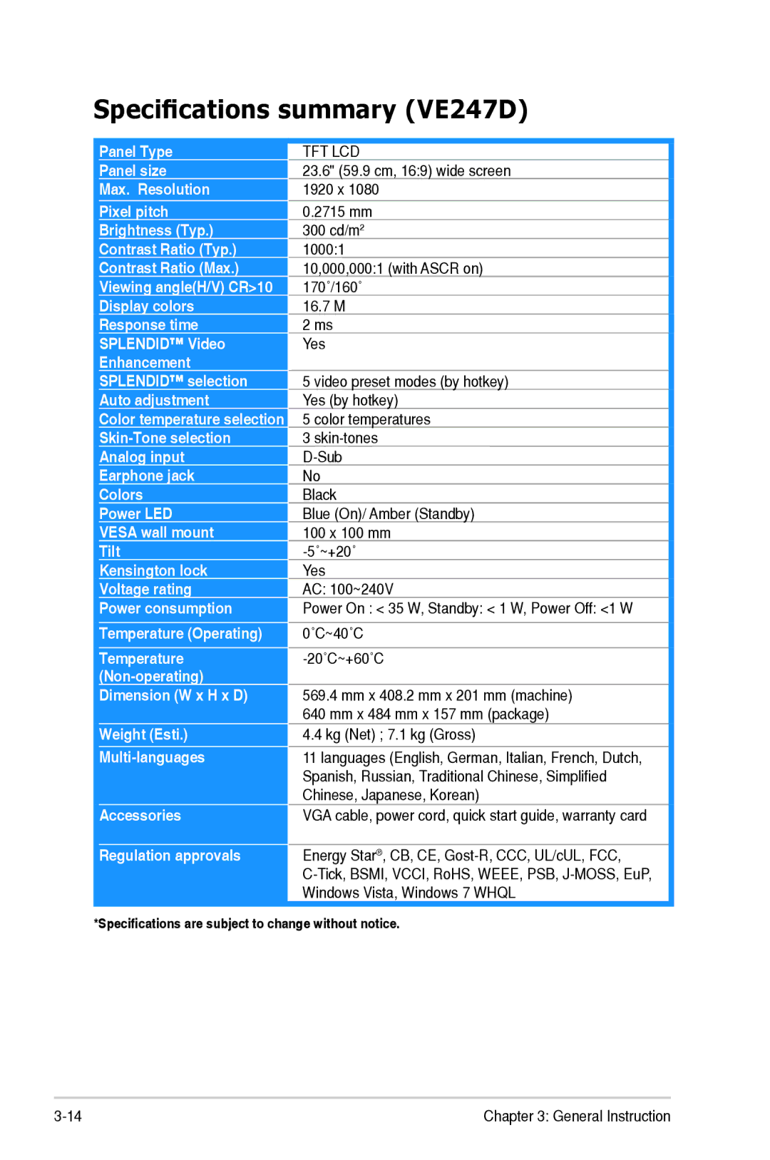 Asus VE247H manual Specifications summary VE247D 