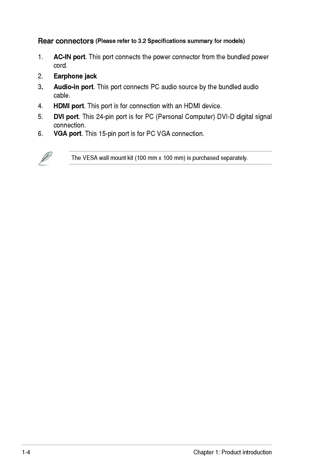 Asus VE248S, VE248D, VE248N, VE249H, VE247S, VE247D manual Earphone jack 