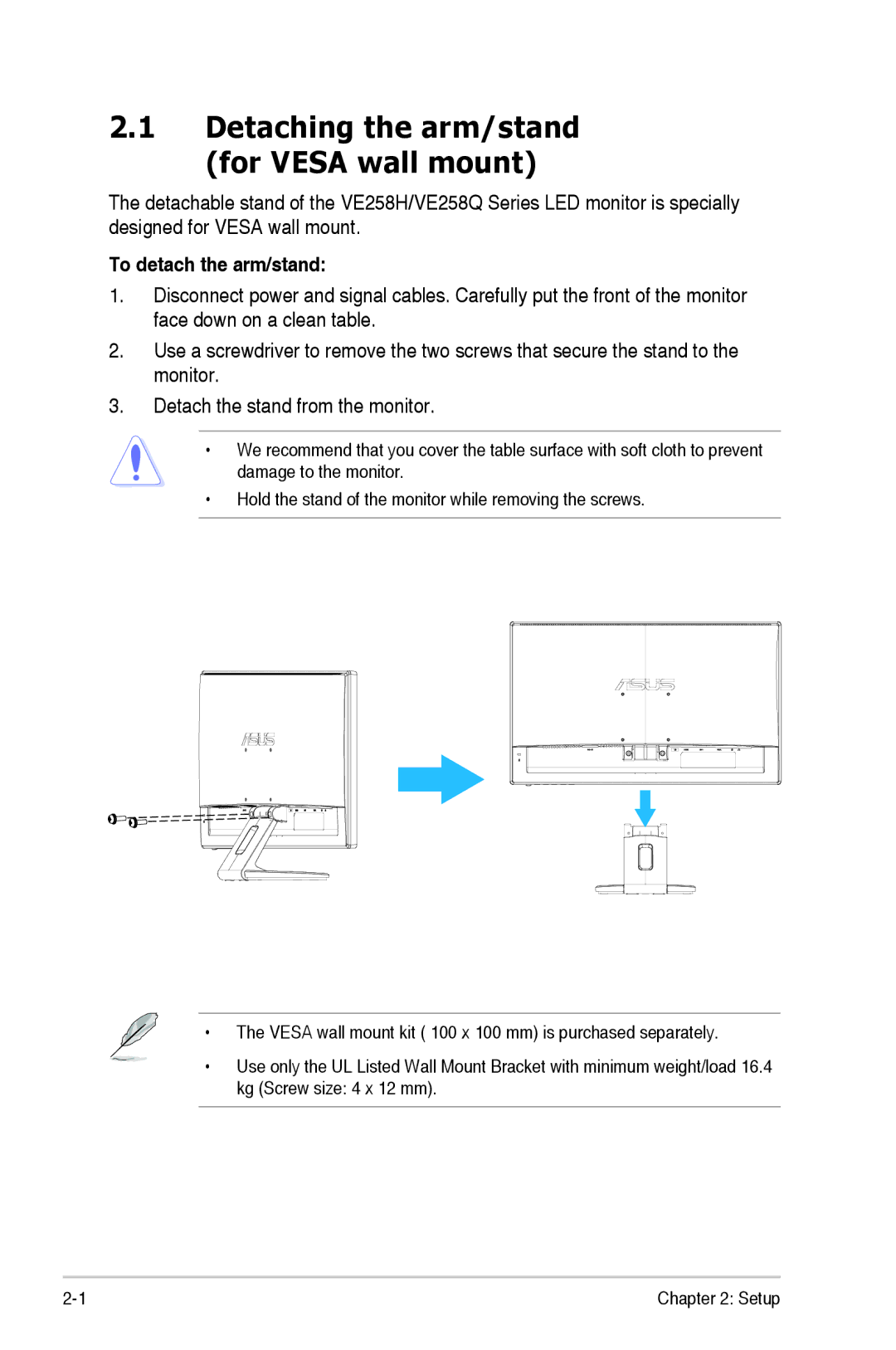 Asus VE258Q, VE258H manual Detaching the arm/stand for Vesa wall mount, To detach the arm/stand 