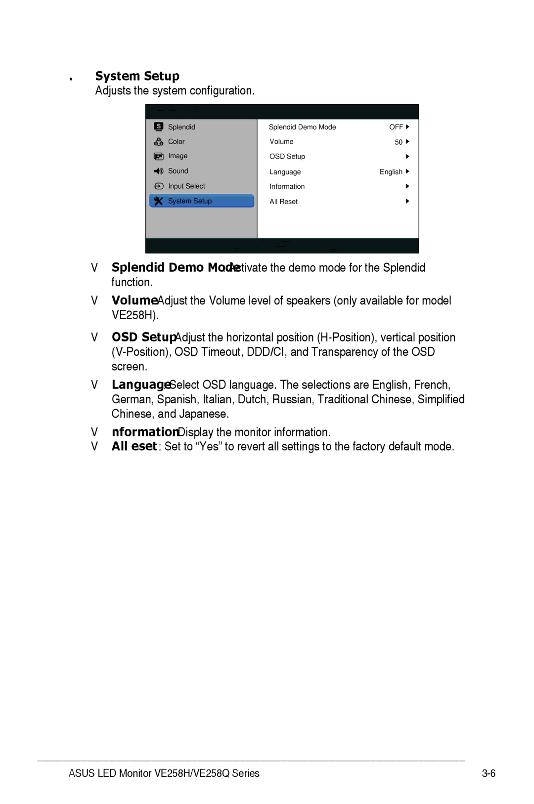 Asus VE258H, VE258Q manual System Setup, Adjusts the system configuration 