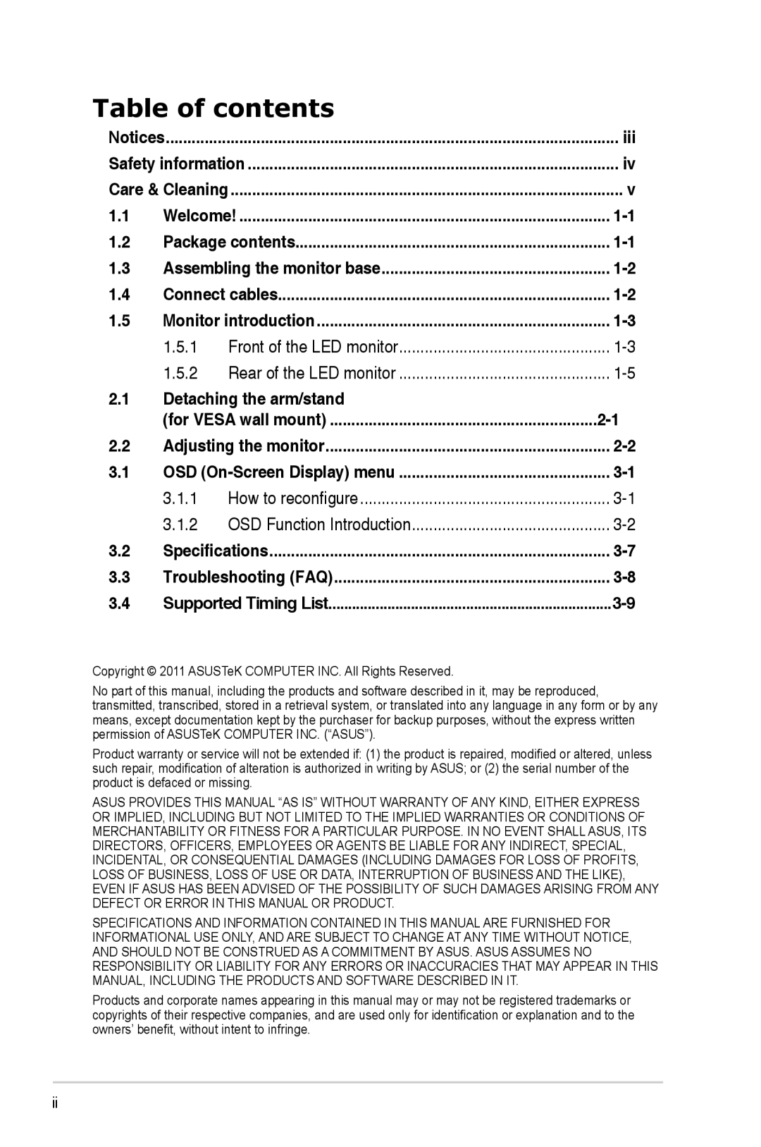 Asus VE258Q, VE258H manual Table of contents 