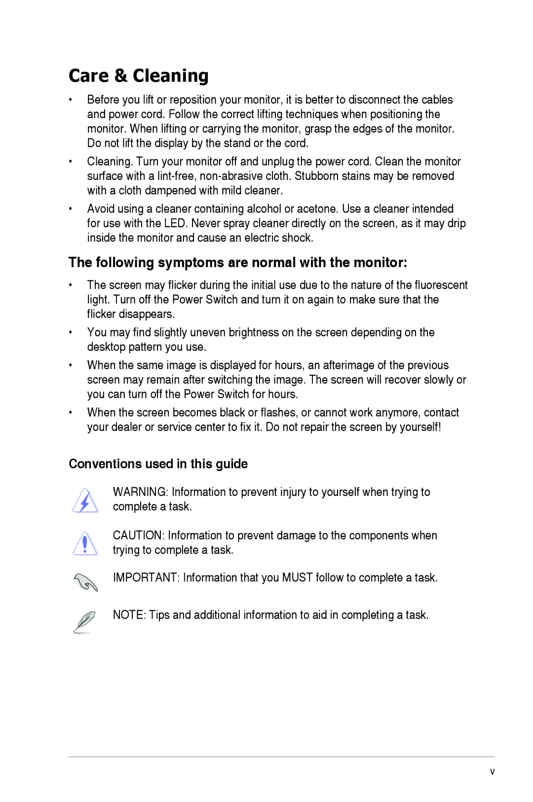 Asus VE258H, VE258Q manual Care & Cleaning, Following symptoms are normal with the monitor, Conventions used in this guide 