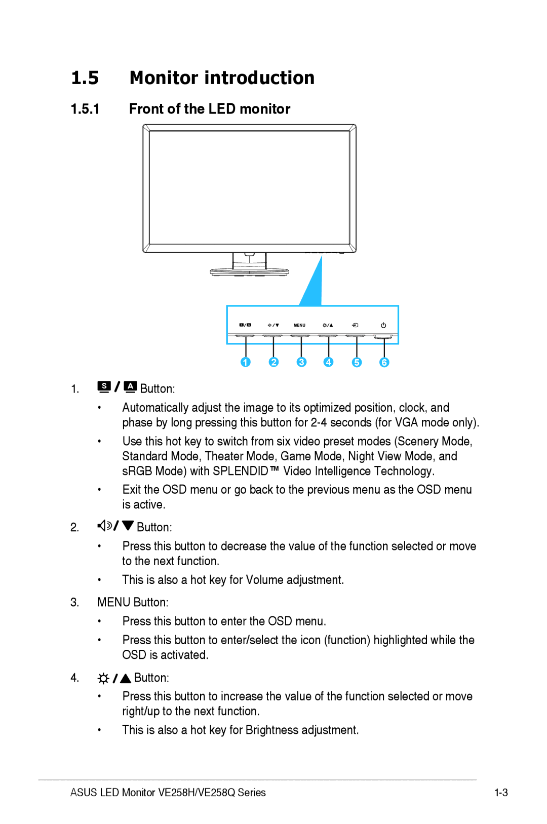 Asus VE258H, VE258Q manual Monitor introduction, Front of the LED monitor, Button 