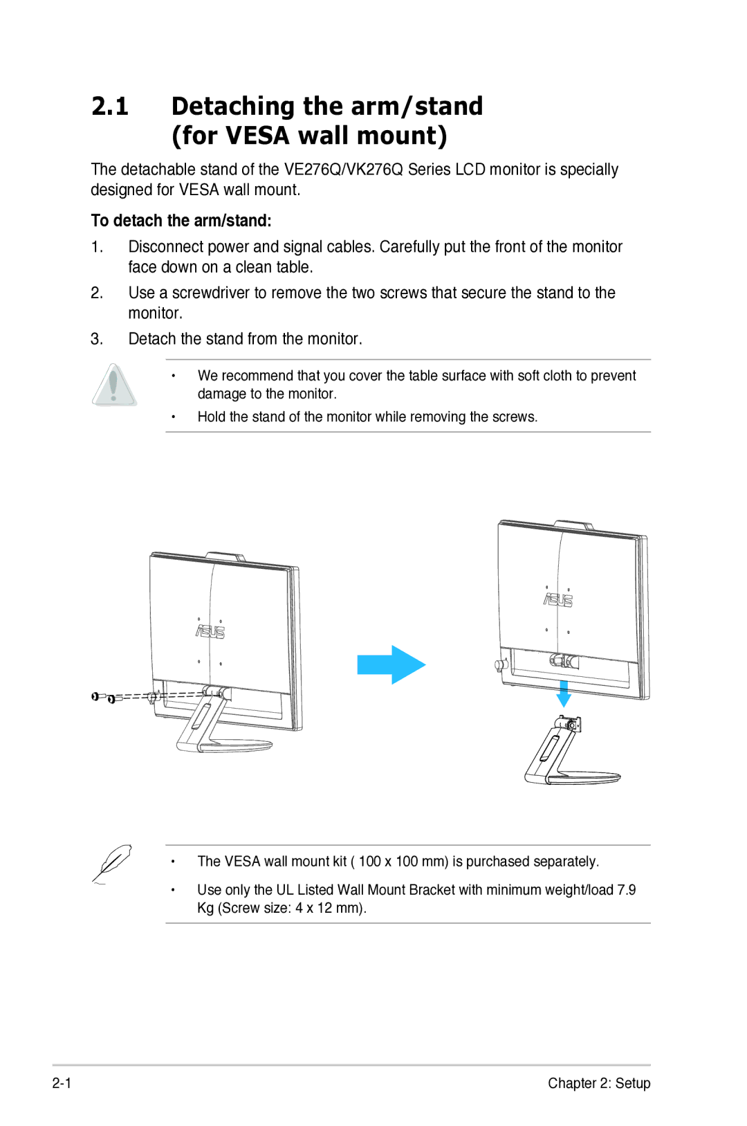 Asus VE276Q manual Detaching the arm/stand for Vesa wall mount, To detach the arm/stand 