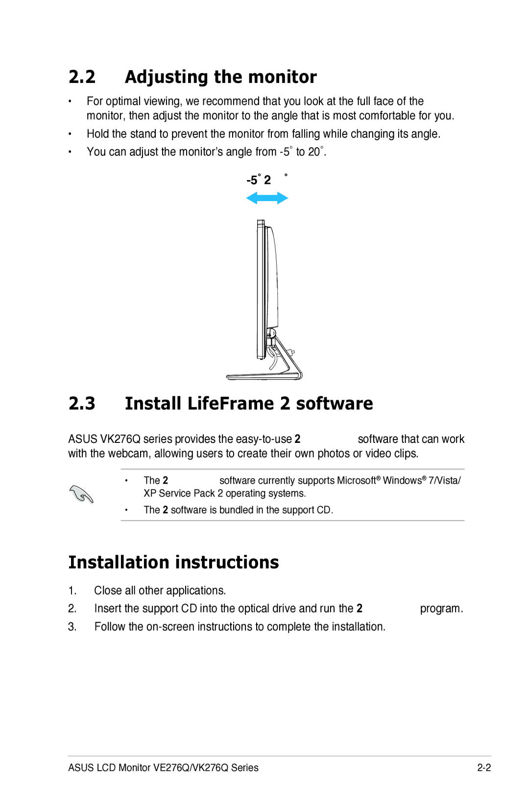 Asus VE276Q manual Adjusting the monitor, Install LifeFrame 2 software, Installation instructions 