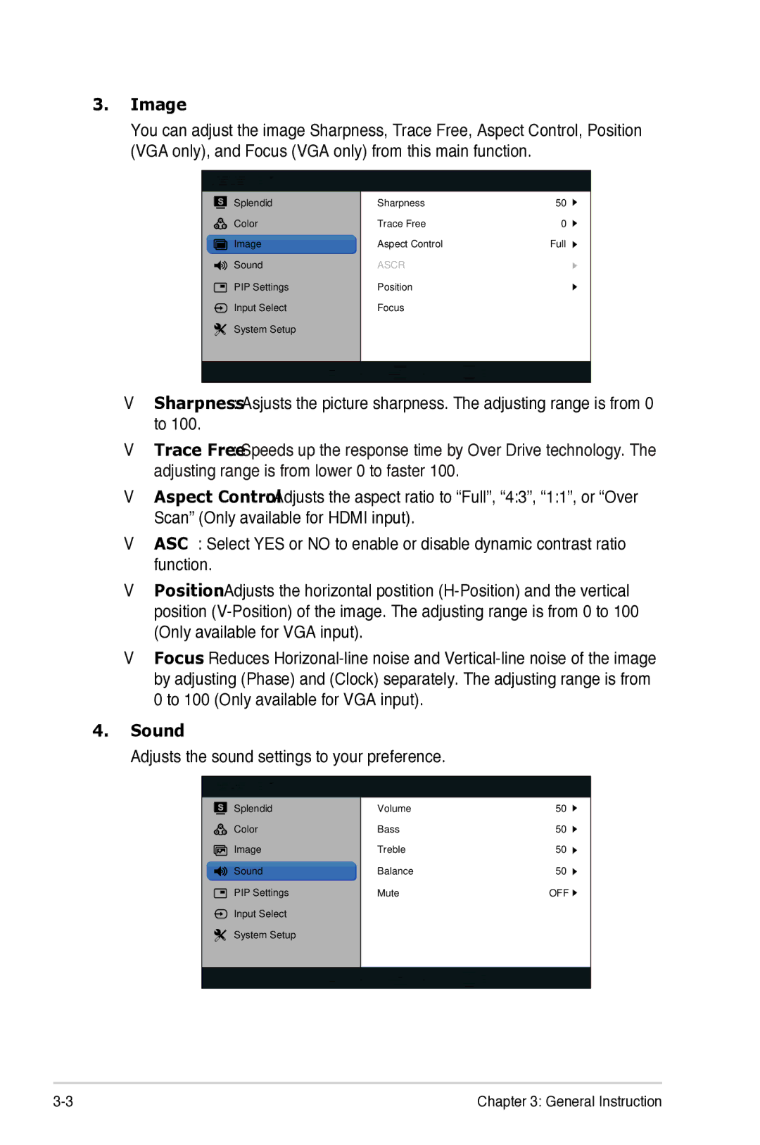 Asus VE276Q manual Image, Sound, Adjusts the sound settings to your preference 