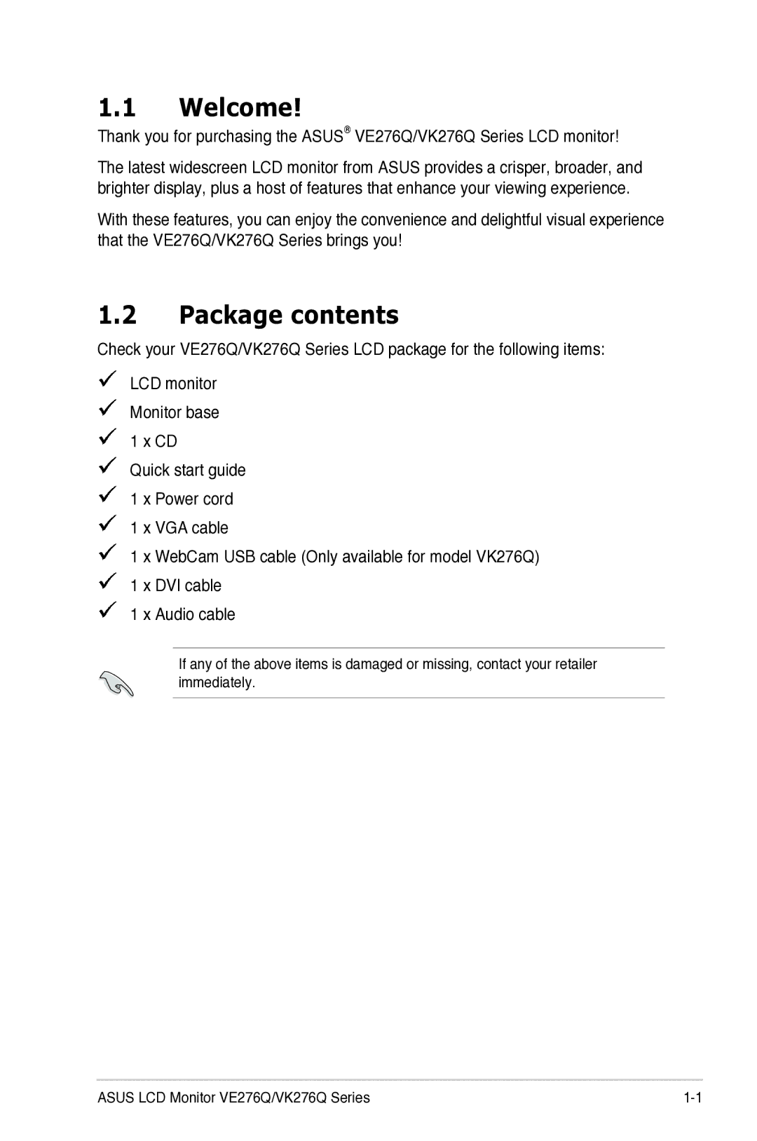 Asus VE276Q manual Welcome, Package contents 