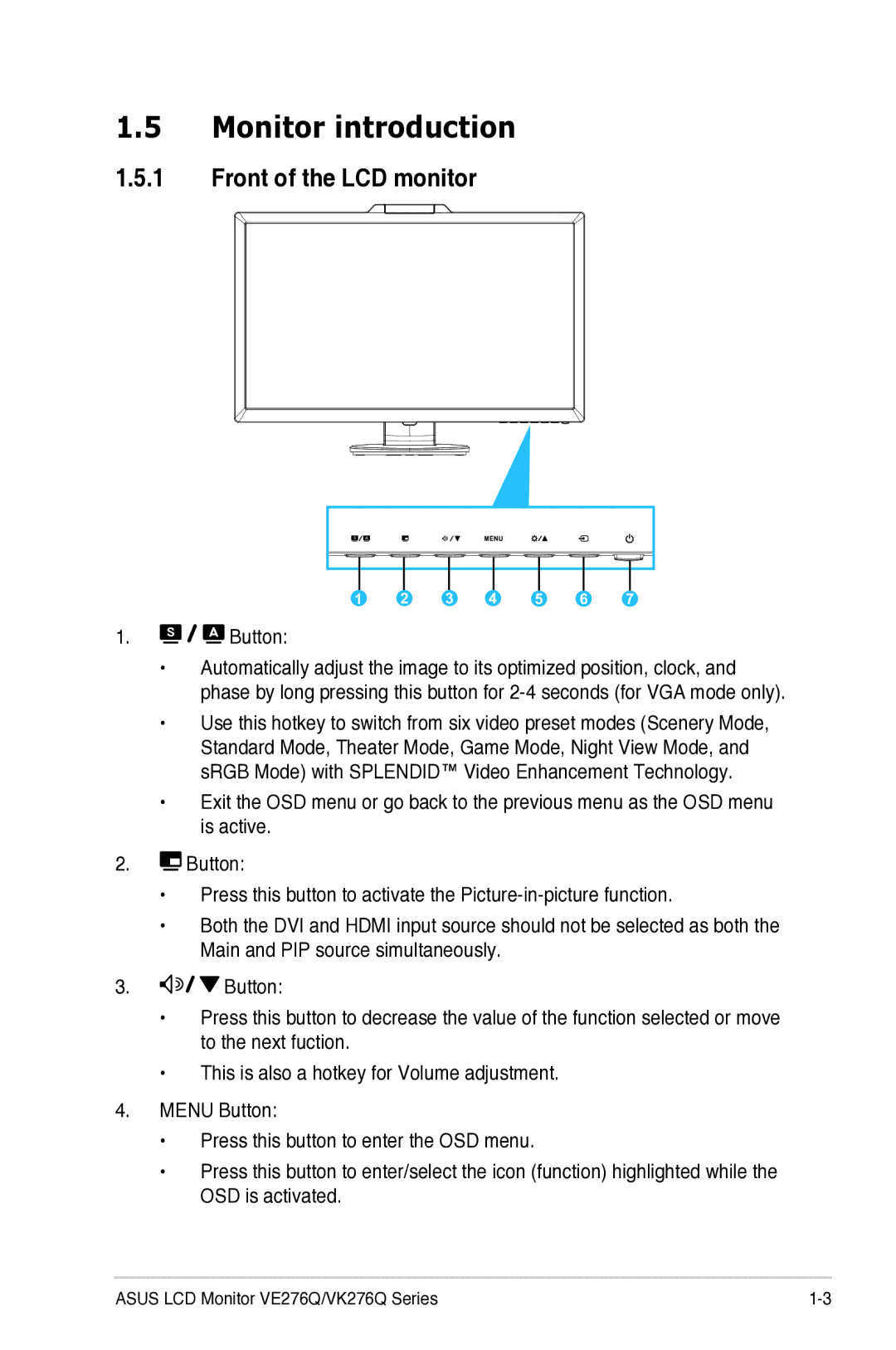 Asus VE276Q manual Monitor introduction, Front of the LCD monitor, Button 