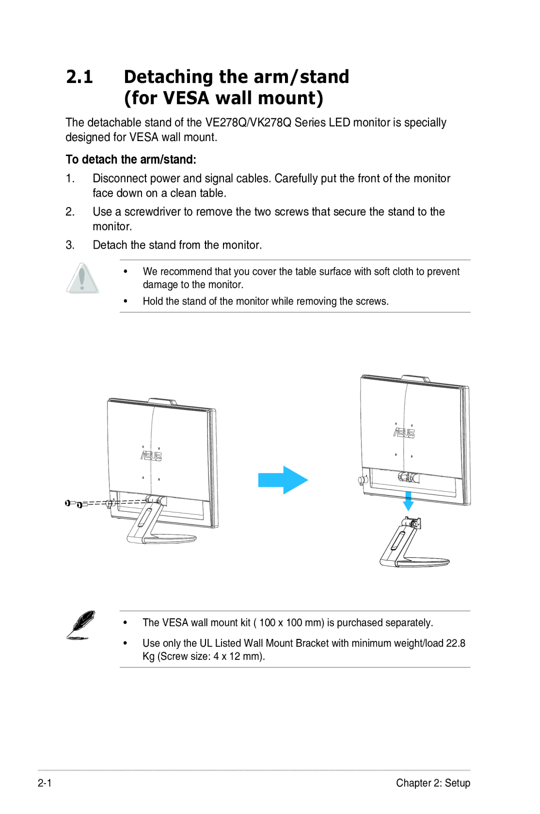 Asus VE278Q, 90LMB5101T11081C, VK278Q manual Detaching the arm/stand for Vesa wall mount, To detach the arm/stand 